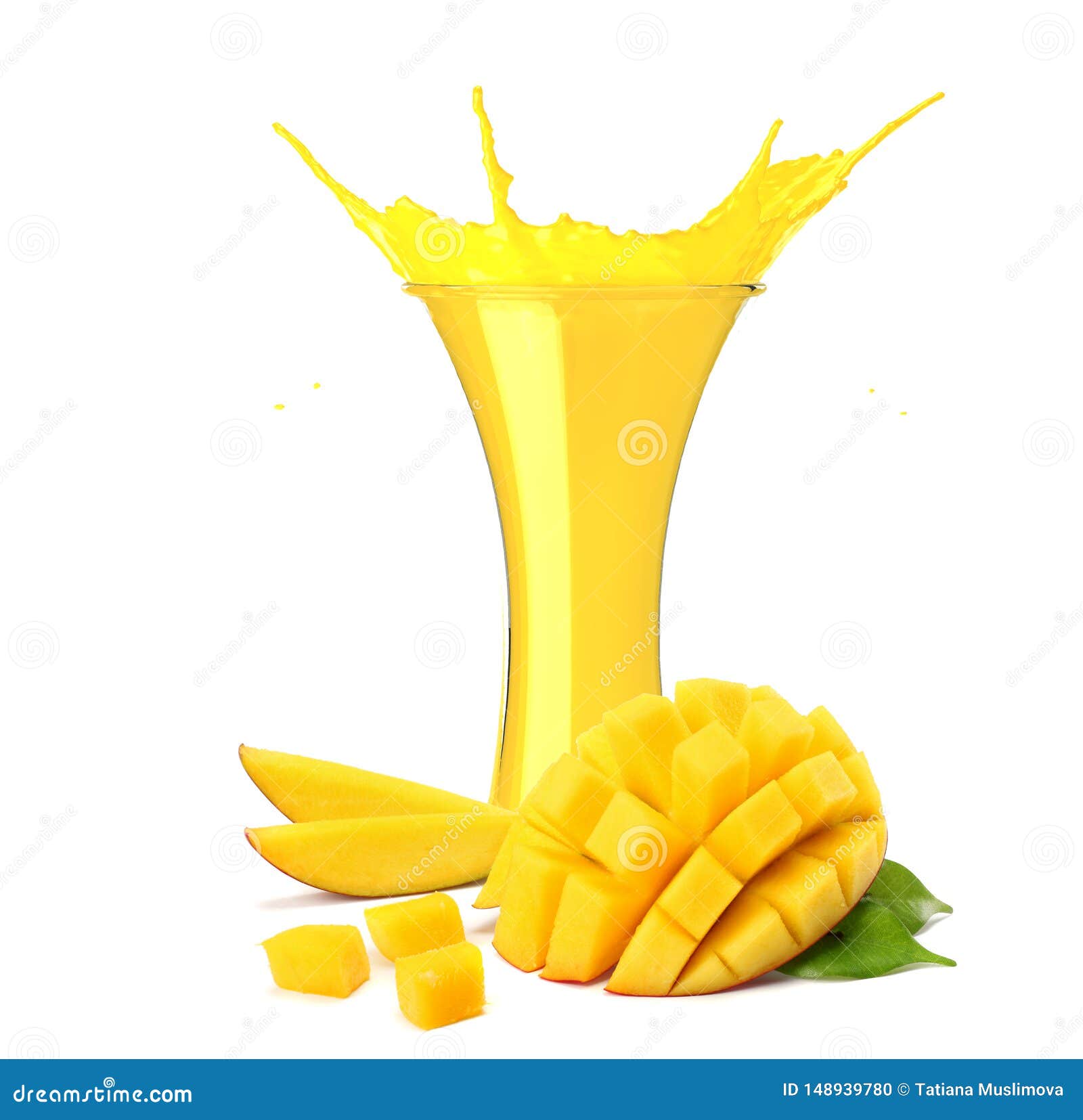 Mango Juice Splash Isolated on White Background. Mango Juice in Glass