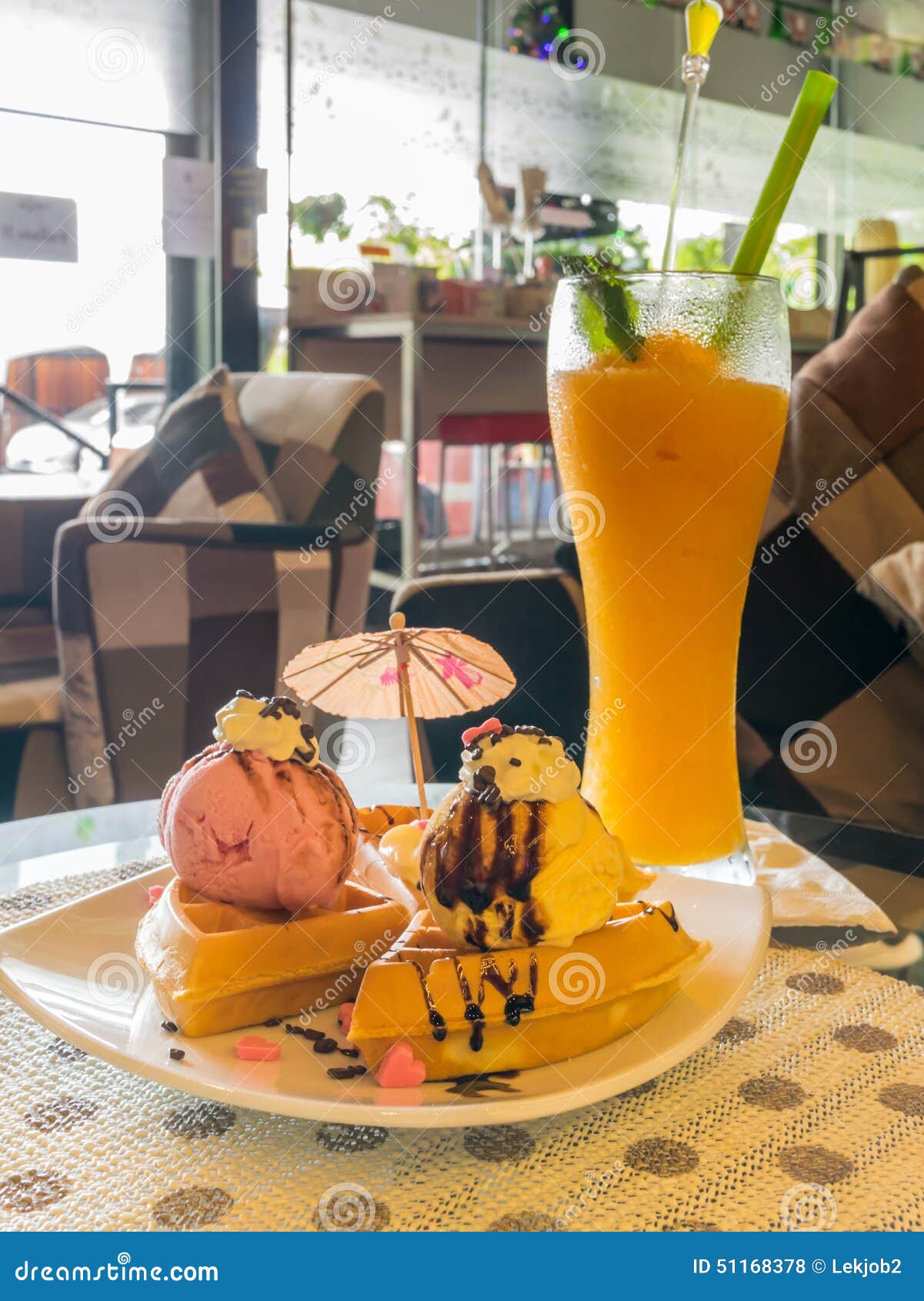 Mango Juice and Waffle Topping with Ice Cream Stock Photo Image of