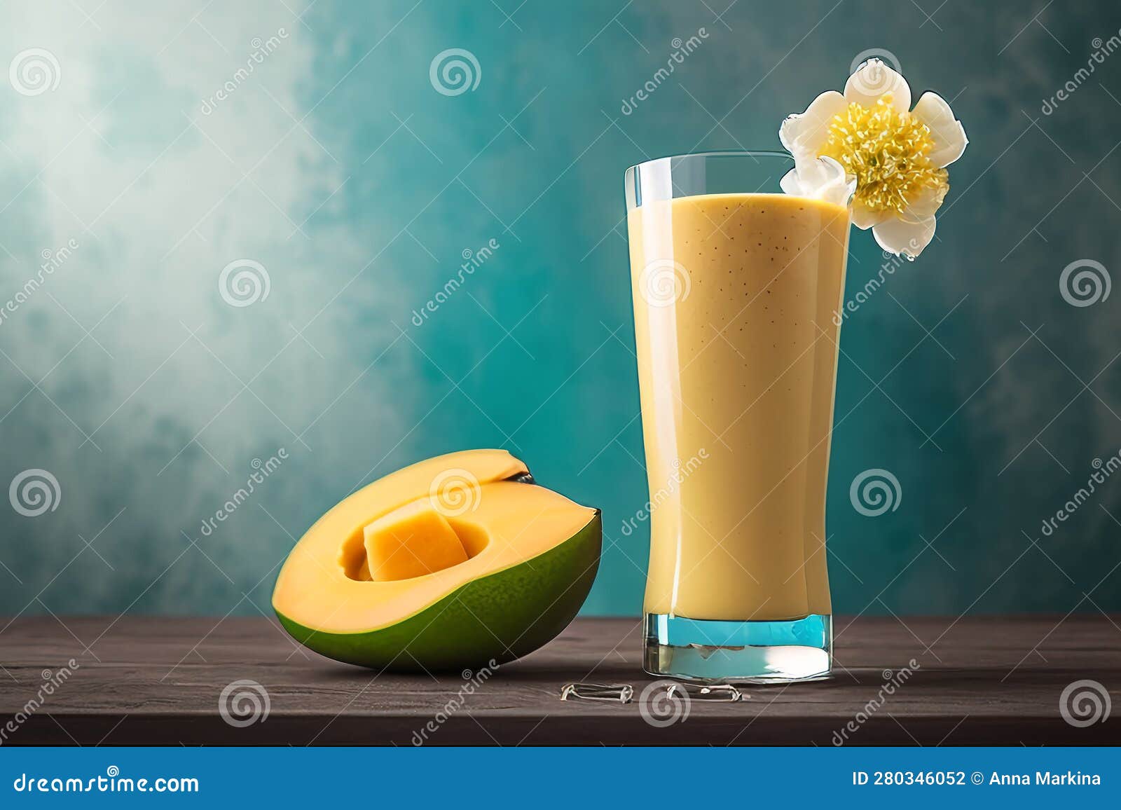 Mango MilkShake in a Glass, in an Aqua Background. Generative AI. Stock