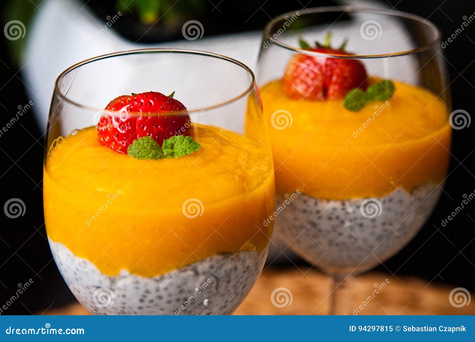 mango mousse with chia seeds and coconut milk