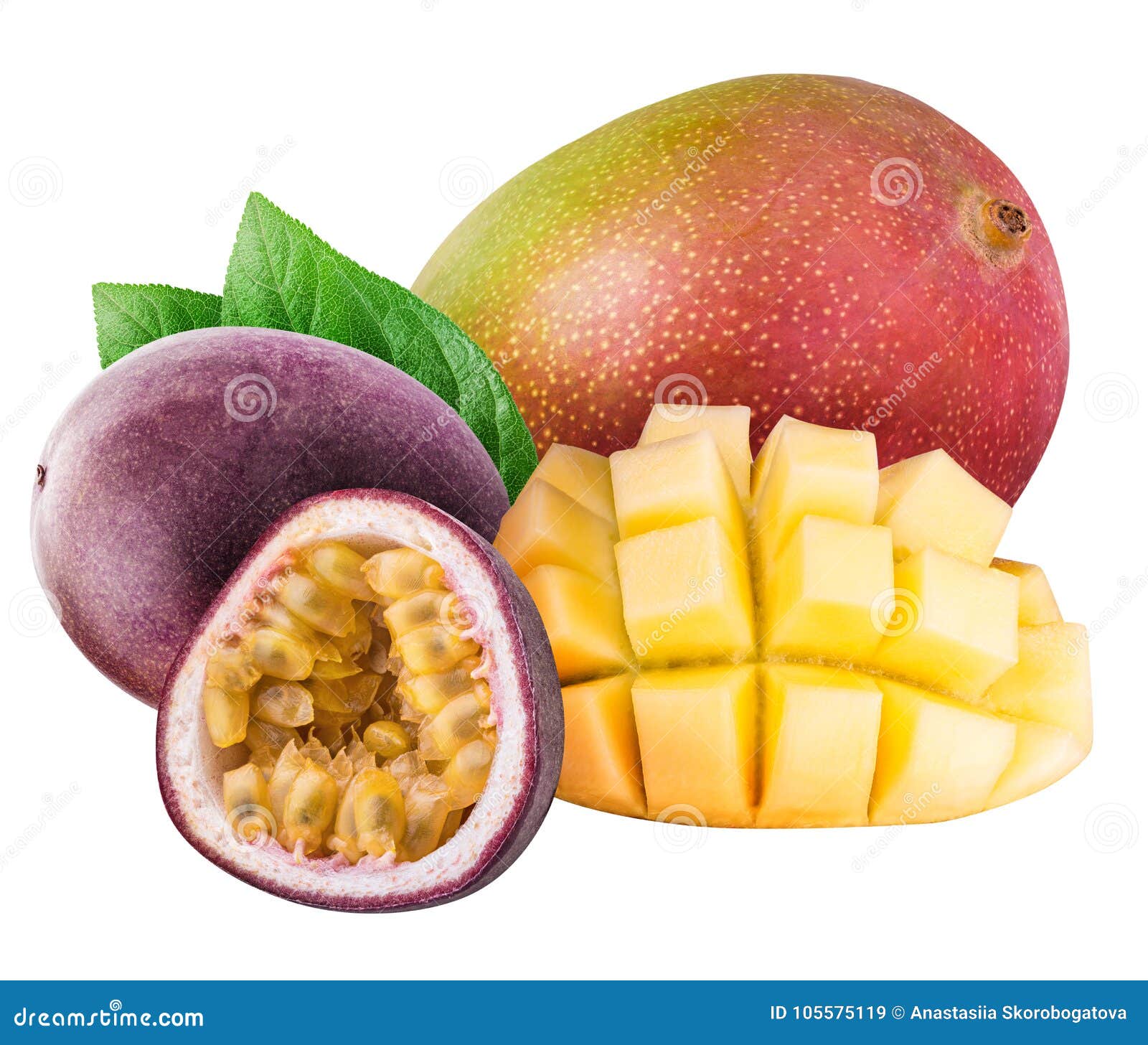 Mango and Passion Fruit Isolated on White Background Stock Image