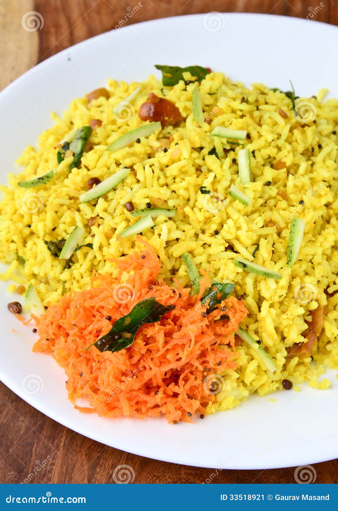 Mango Rice In Bowl , An Indian Dish Garnished With Curry Leaves & Roasted Peanut With Raw Ripe