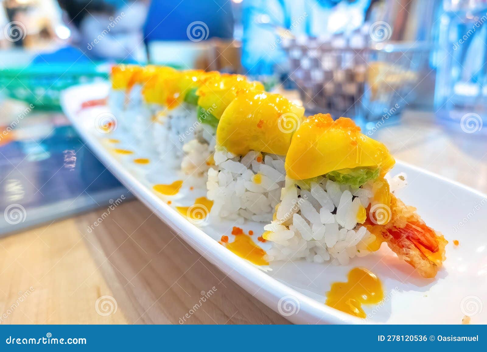 Mango Roll Sushi with Shrimp Tempura and Avocado Stock Photo Image of