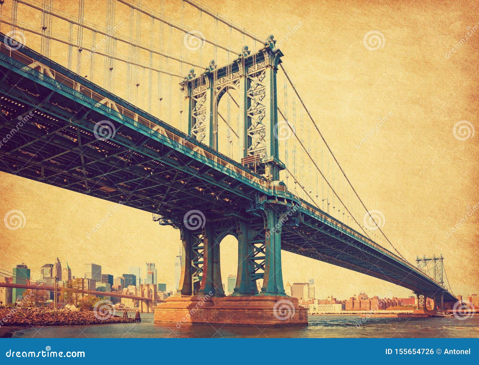 the manhattan bridge, new york city, united states. in the background  manhattan and  brooklyn bridge. photo in retro style. added
