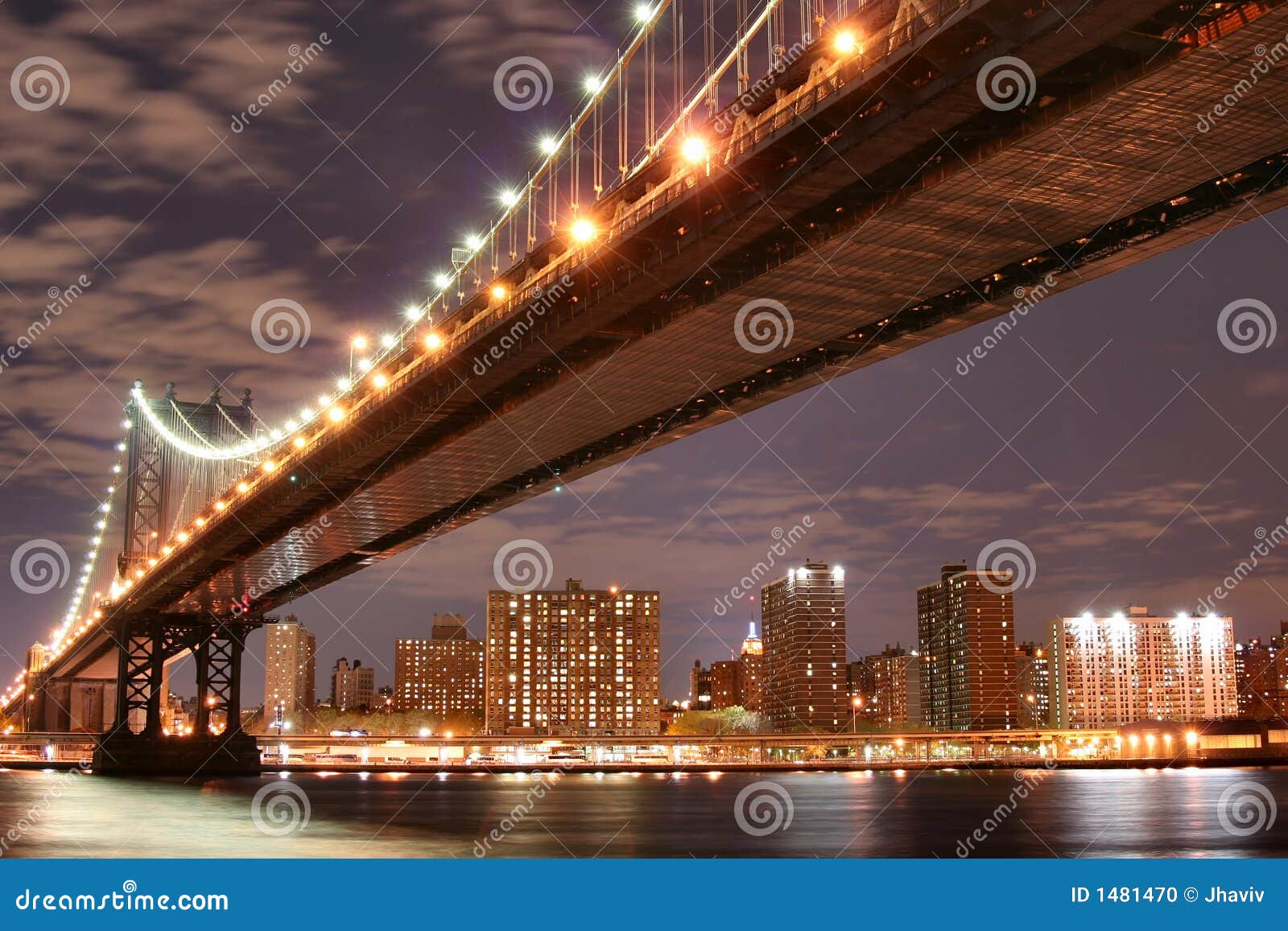 Manhattan Bridge at Night stock photo. Image of river - 1481470