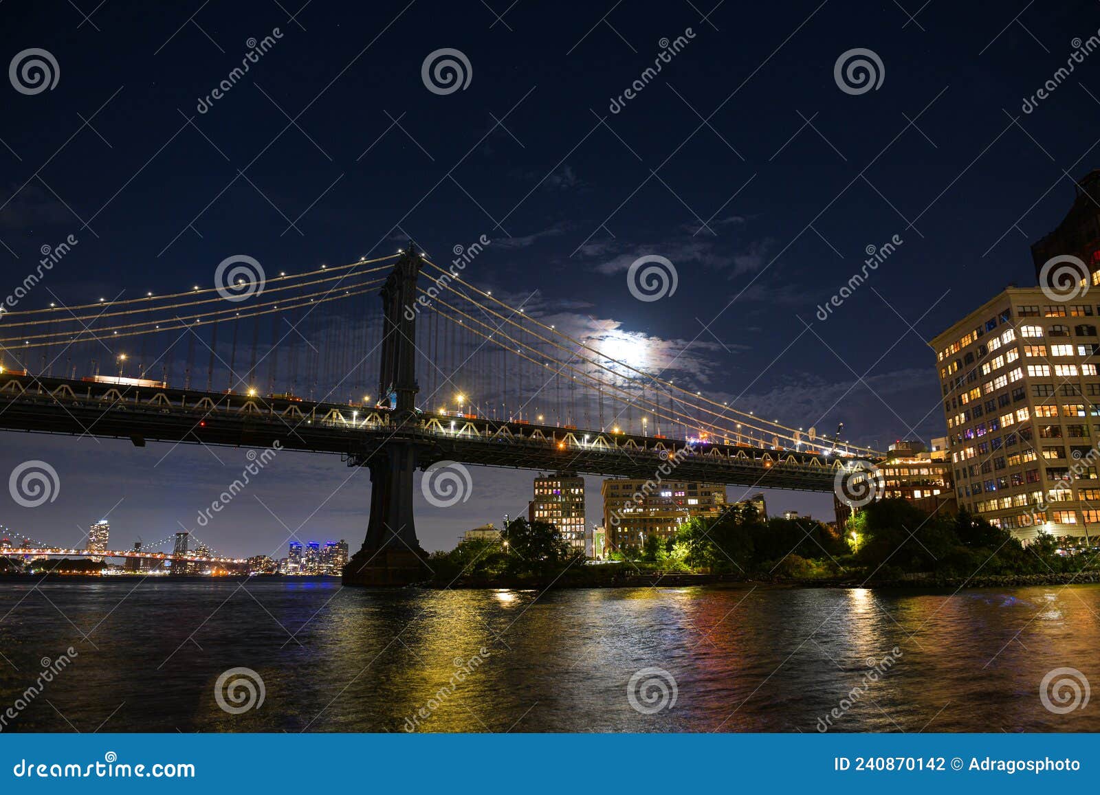 Manhattan Bridge Under the Full Moon Night Landscape Editorial ...