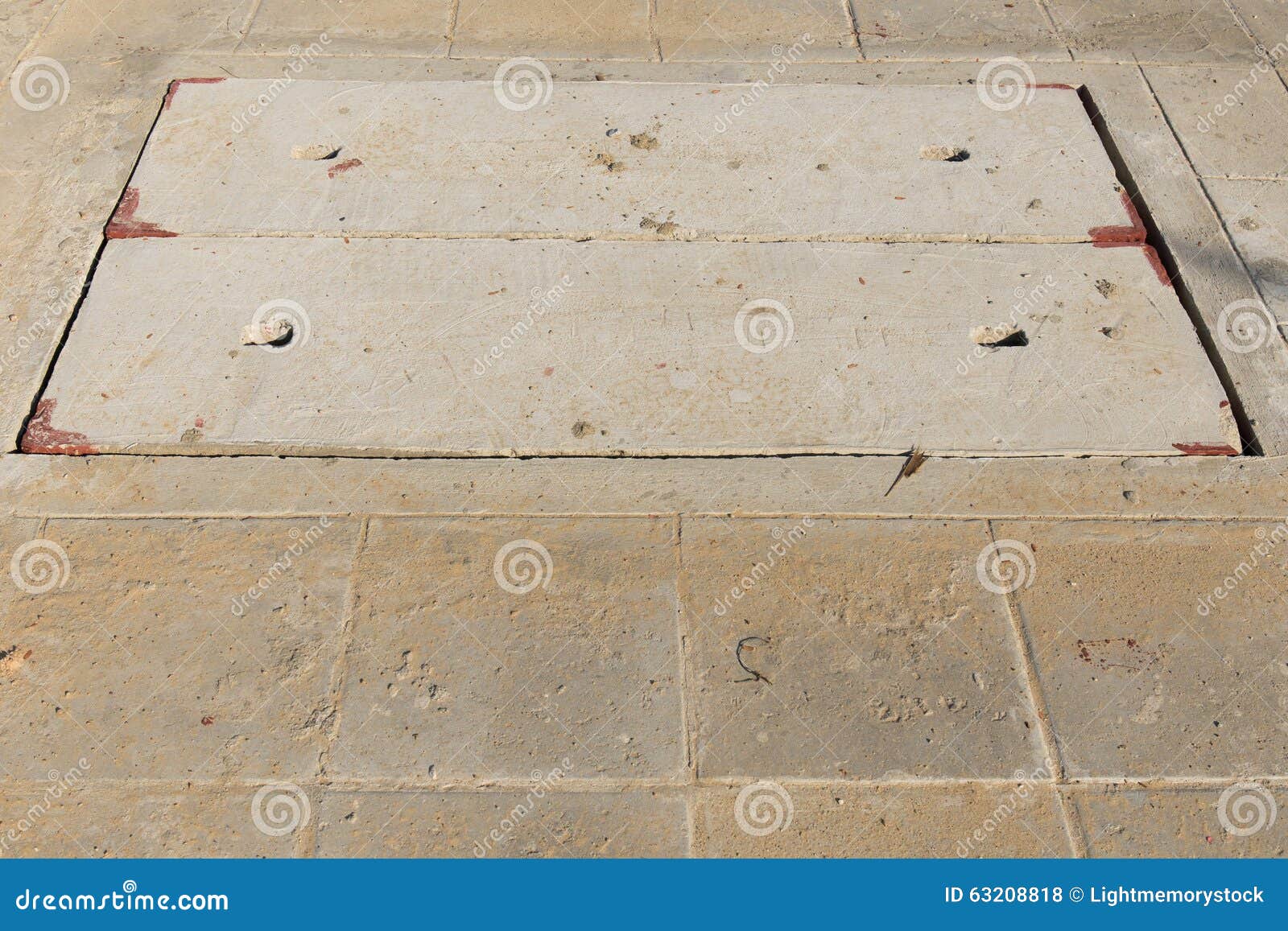 Manhole Concrete Cover Install Outdoor for Drainage System Stock Photo