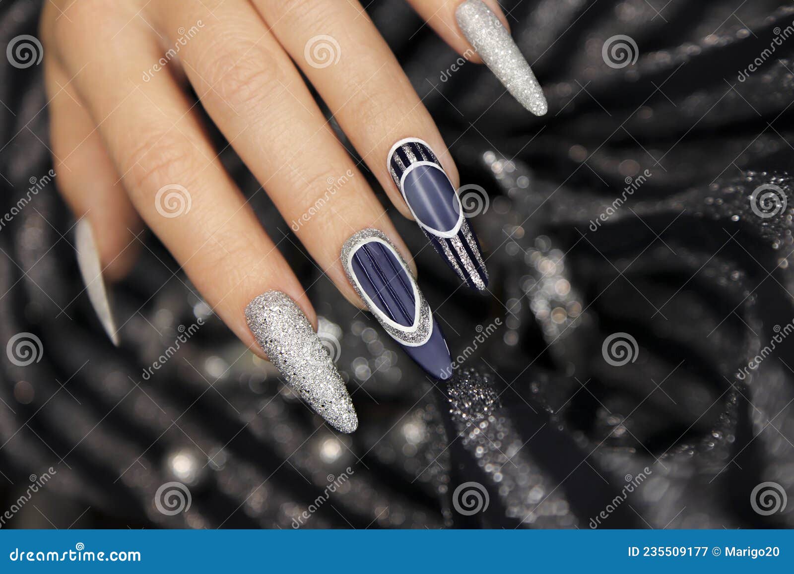 coffin nail designs — Deep Blue Silver Diamond Summer Night Nails