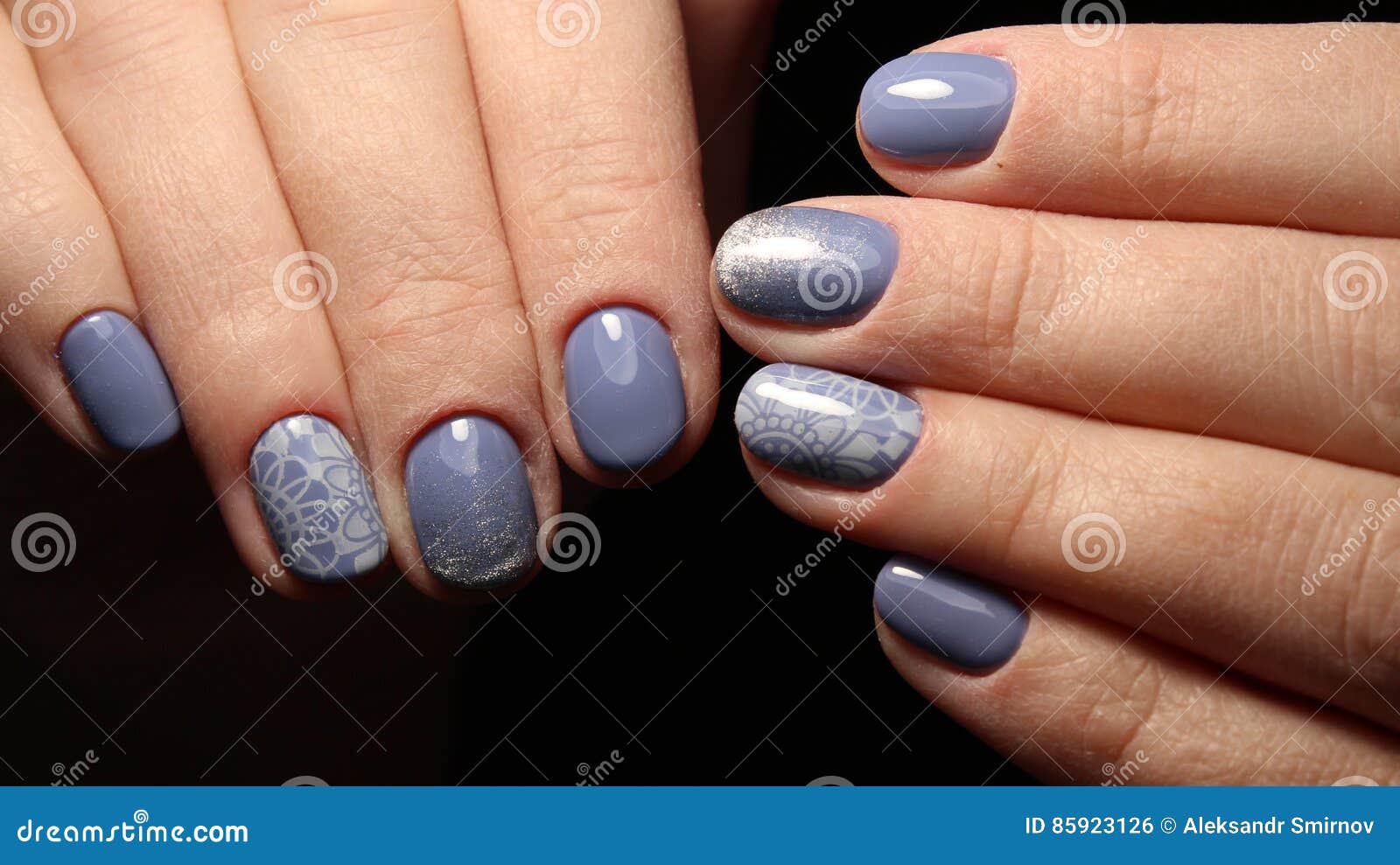 Manicure Nail Design Blue With Lace And Sequins Gradient Stock Photo