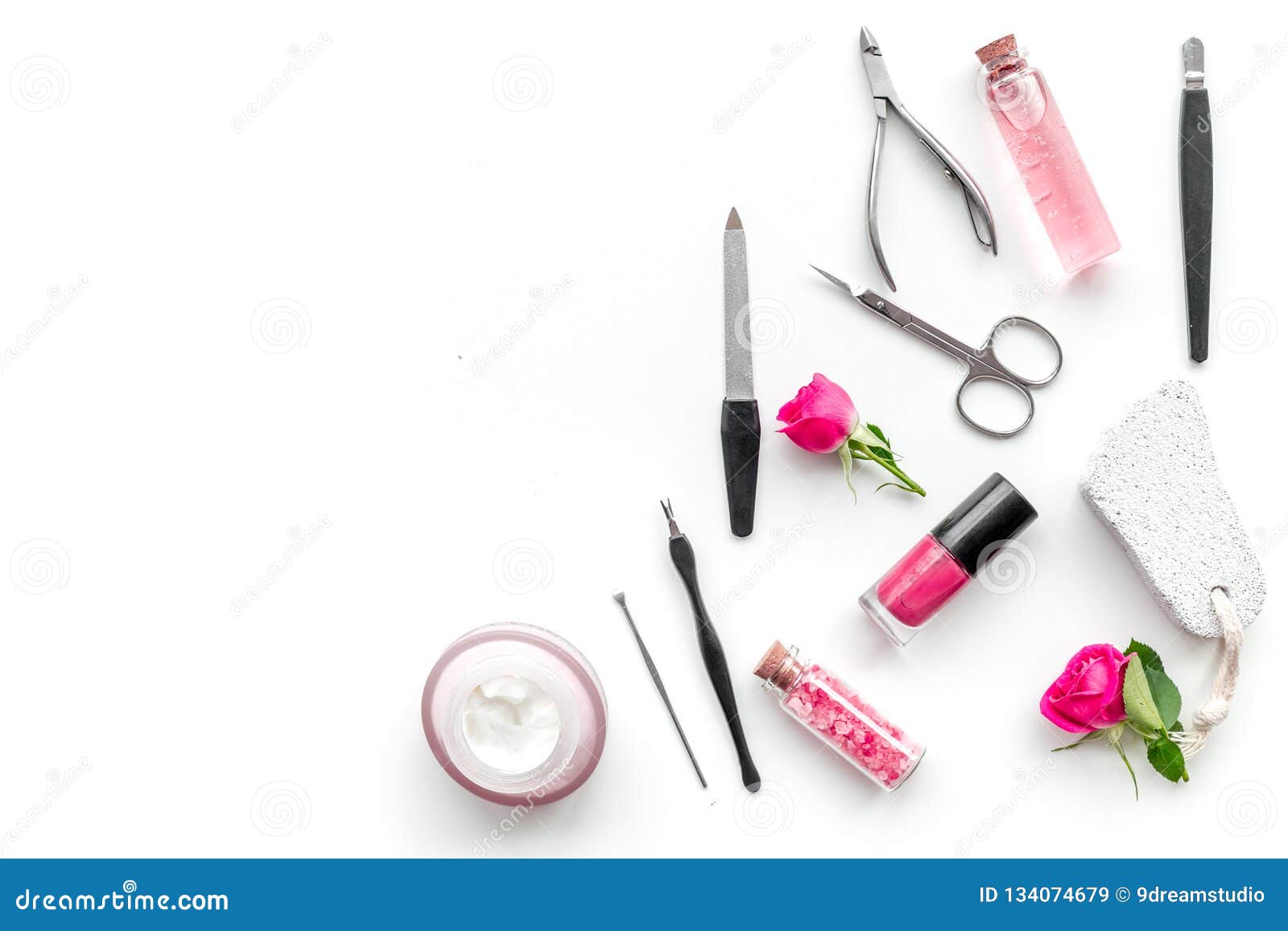 Download Manicure And Pedicure Equipment For Nail Bar Set On White Background Top View Mockup Stock Image Image Of Workspace Rose 134074679