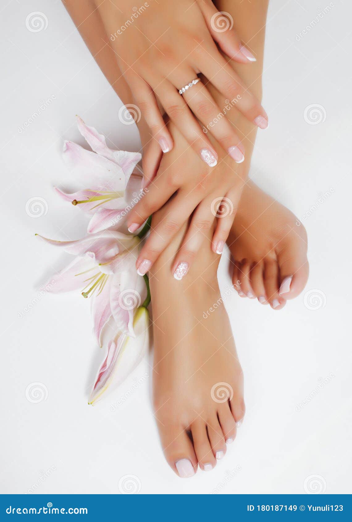 Manicure Pedicure with Flower Lily Closeup Isolated on White Perfect ...