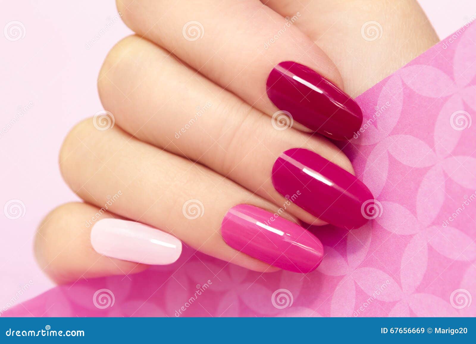 Pink nail design. Beautiful female hand with different shades of pink  manicure Stock Photo | Adobe Stock