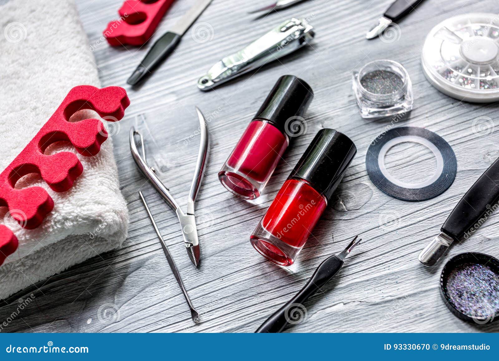 Manicure Set and Nail Polish for Hands Treatment on Wooden Background ...