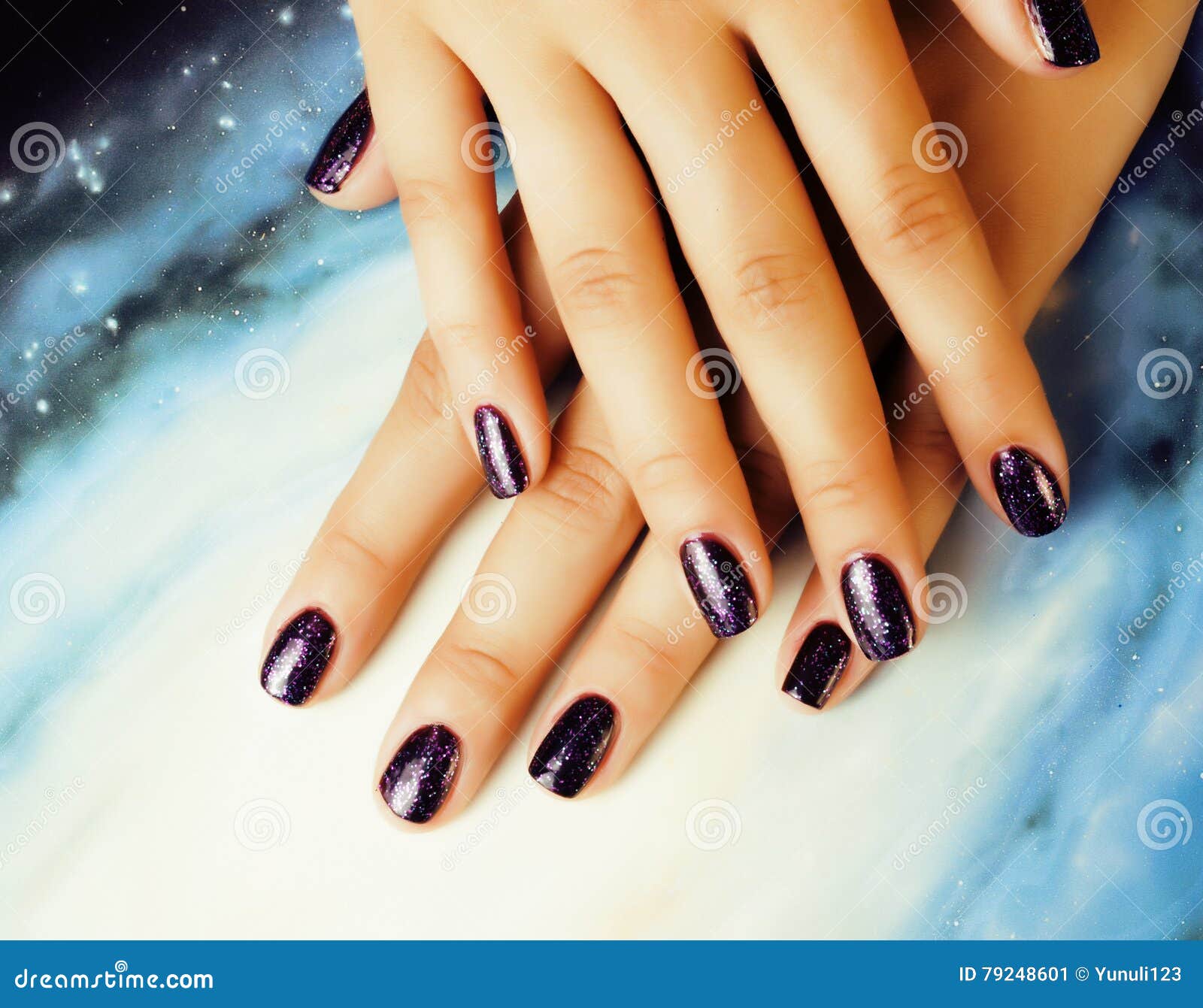 Manicure Stylish Concept Woman Fingers With Nails Purple Glitter On Manicure Stylish Concept Woman Fingers With Nails Purple Glitter On