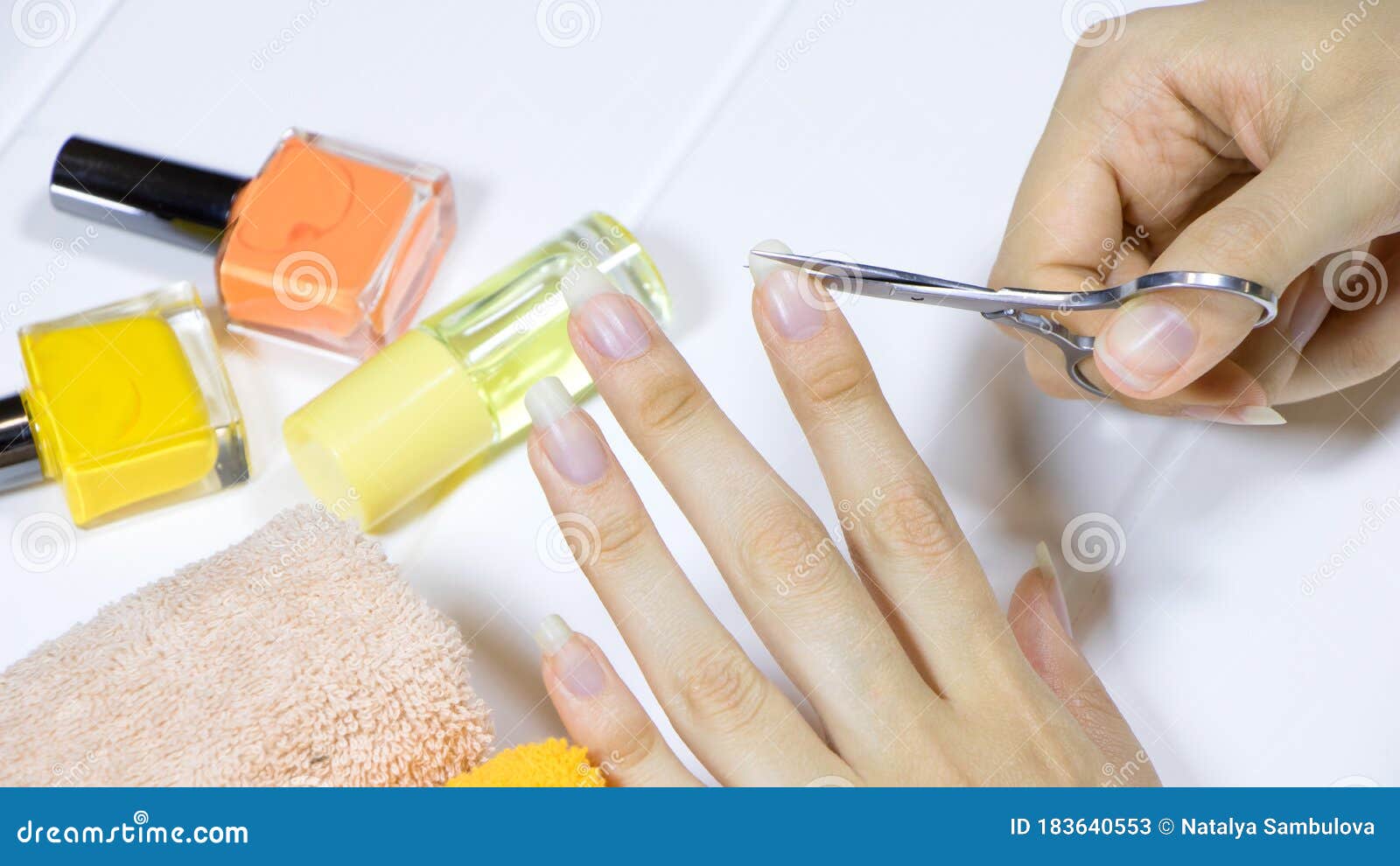 Manicure. Trim Your Nails. Cut. Shorten Long Nails. Home Nail Care, Spa,  Beauty. Procedure, Nail Salon Stock Image - Image of background, hygiene:  183640553