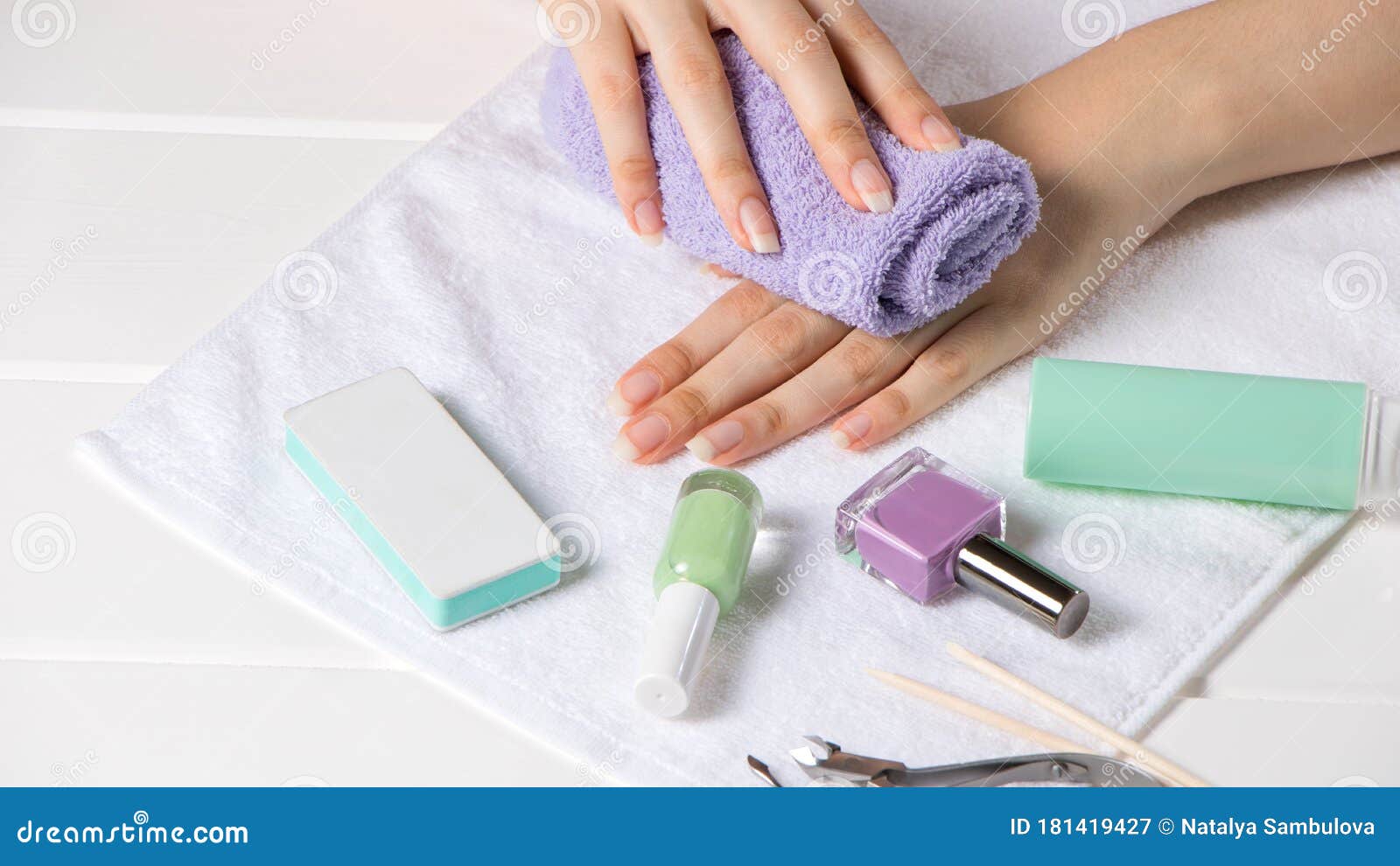 Manicure. the Woman Wipes Her Hand with a Towel. Manicure Tools, Nail  Polishes. Home Nail Care, SPA, Beauty. Long Natural Nails Stock Image -  Image of holding, fingernail: 181419427