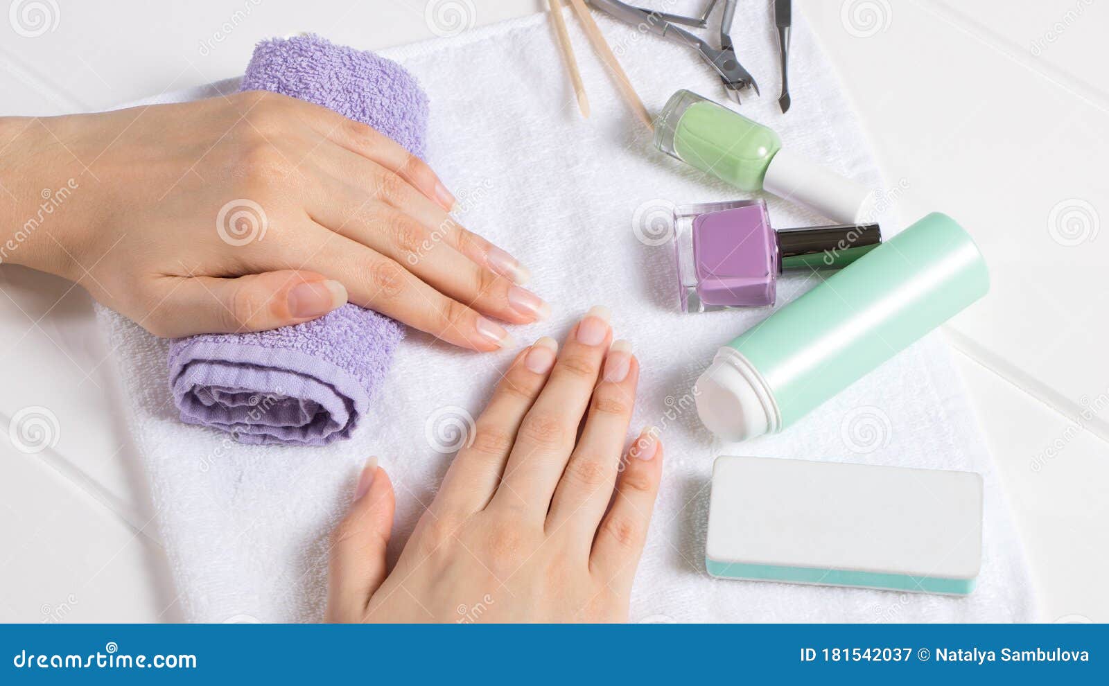Manicure. Women`s Hands on a Towel. Manicure Tools, Nail Polish. Home Nail  Care, SPA, Beauty. Long Natural Nails Stock Image - Image of cosmetics, care:  181542037