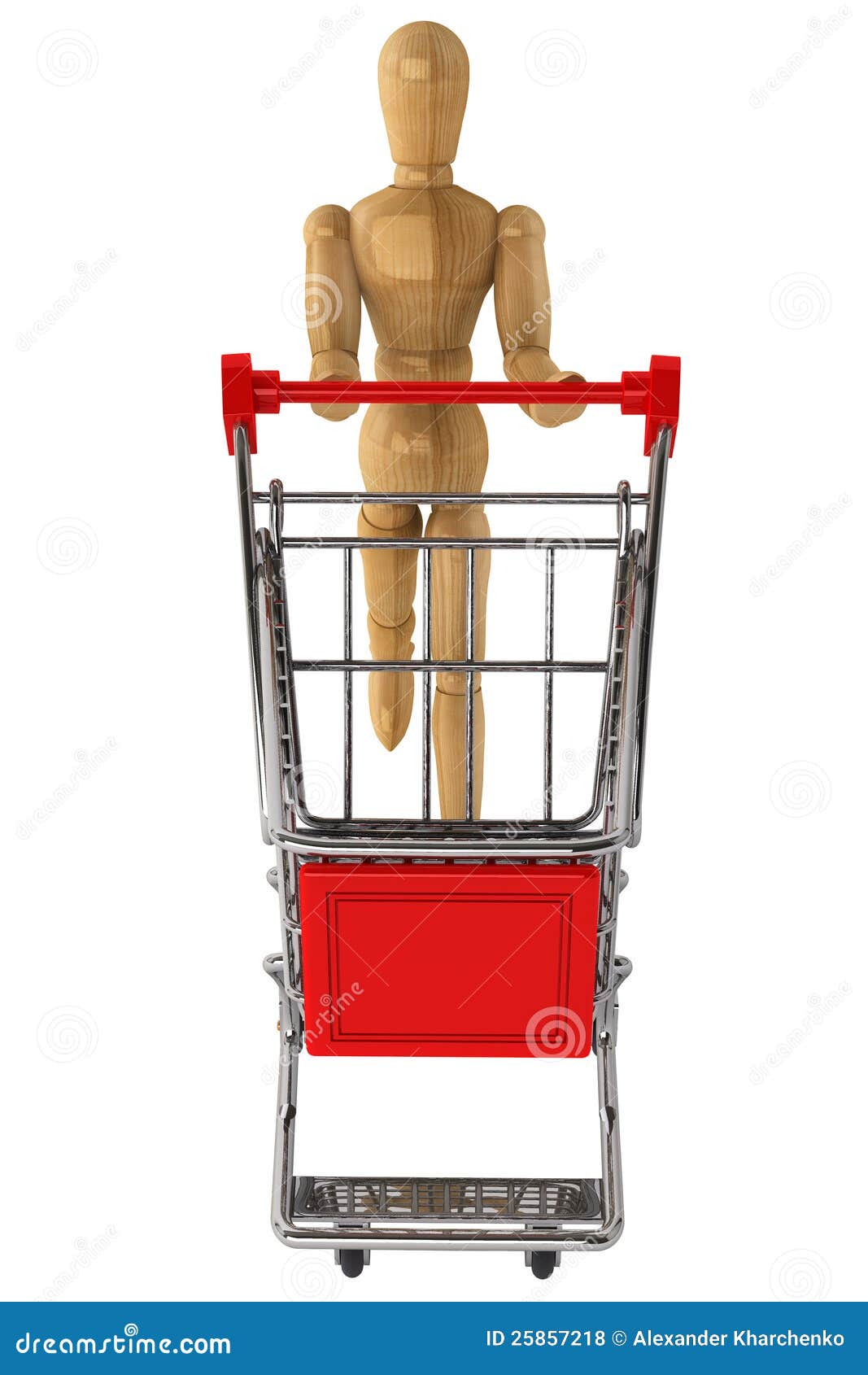 Maniquí de madera con el carro de compras en un fondo blanco