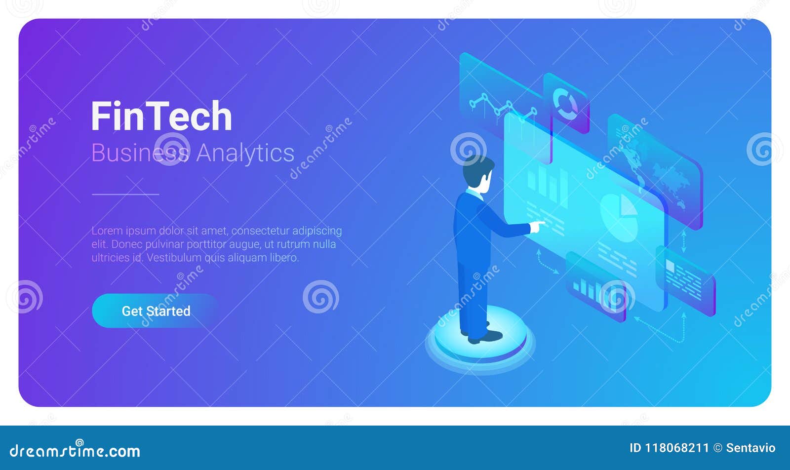 Mannen analyserar datamarknaden i isometriskt faktiskt utrymme. Manaffären analyserar datamarknaden i isometrisk plan vektorillustration för faktiskt utrymme Begrepp för affärsman för diagram för Fintech finansdiagram