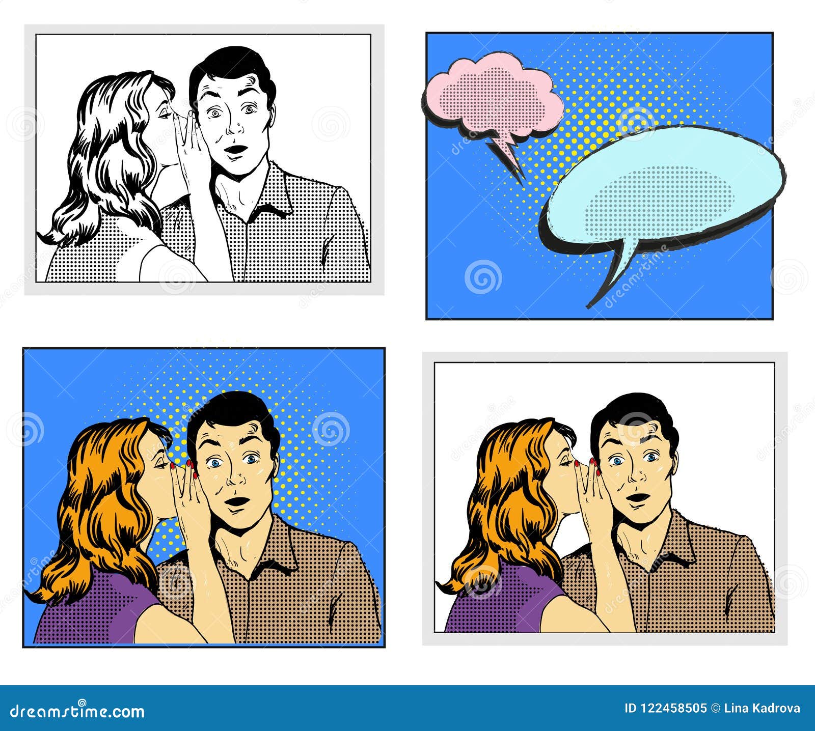 Mannen och kvinnan viskar illustrationen för vektorn för stil för popkonst den komiska retro i svartvita och färgrika versioner med anförandebubblor på rastrerad bakgrund