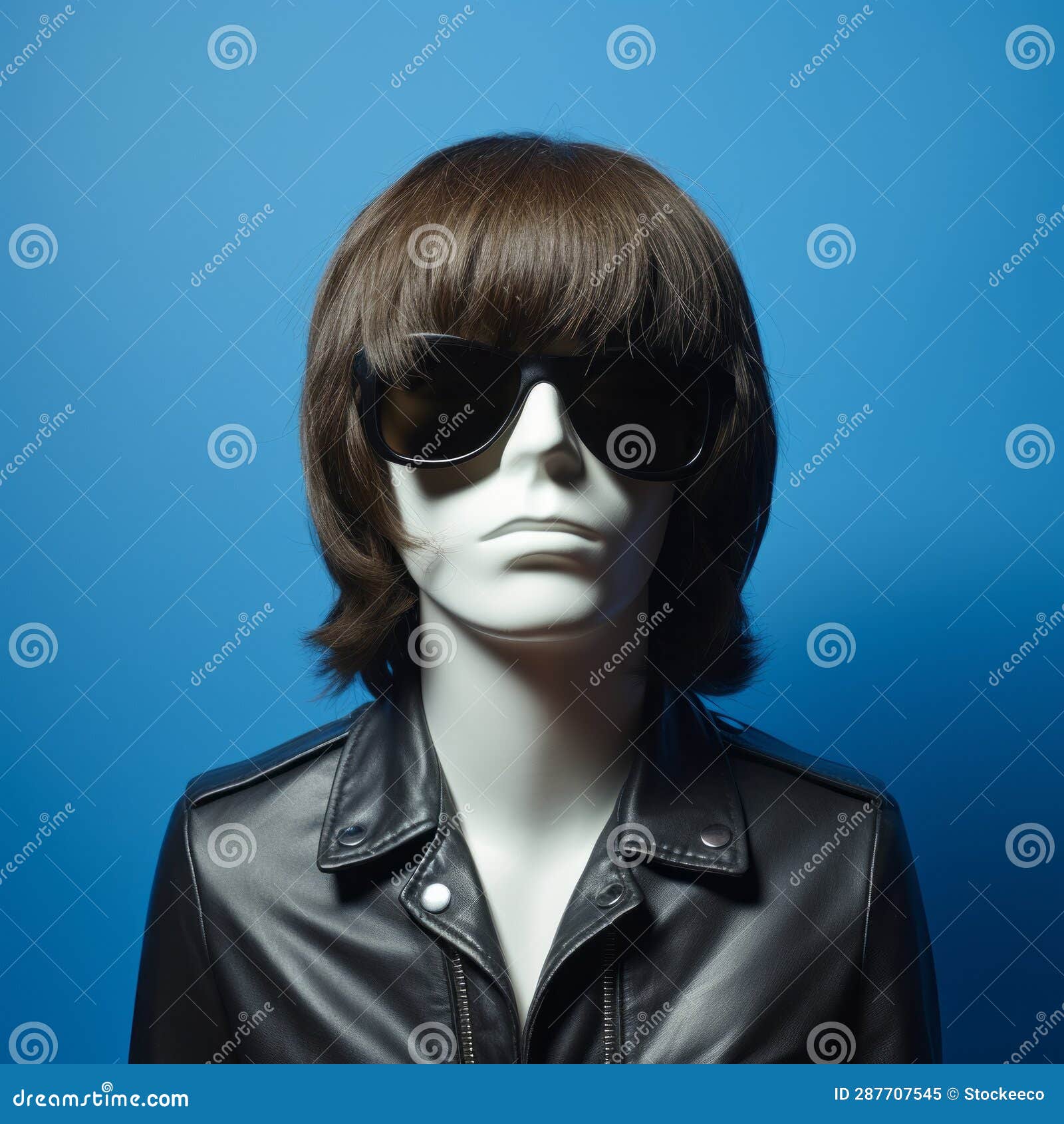 Androgynous Mannequin with Circular Sunglasses on Blue Background Stock ...