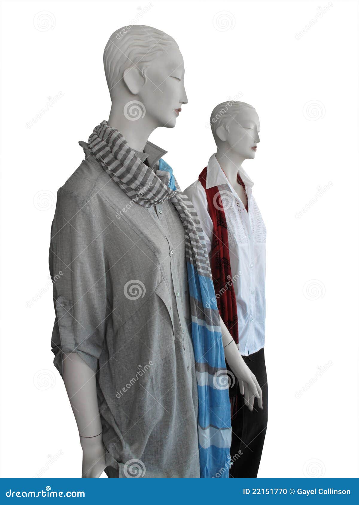 Mannequins que desgastam camisas e scarves. Dois mannequins nas camisas e nos scarves isolados no branco com trajeto.