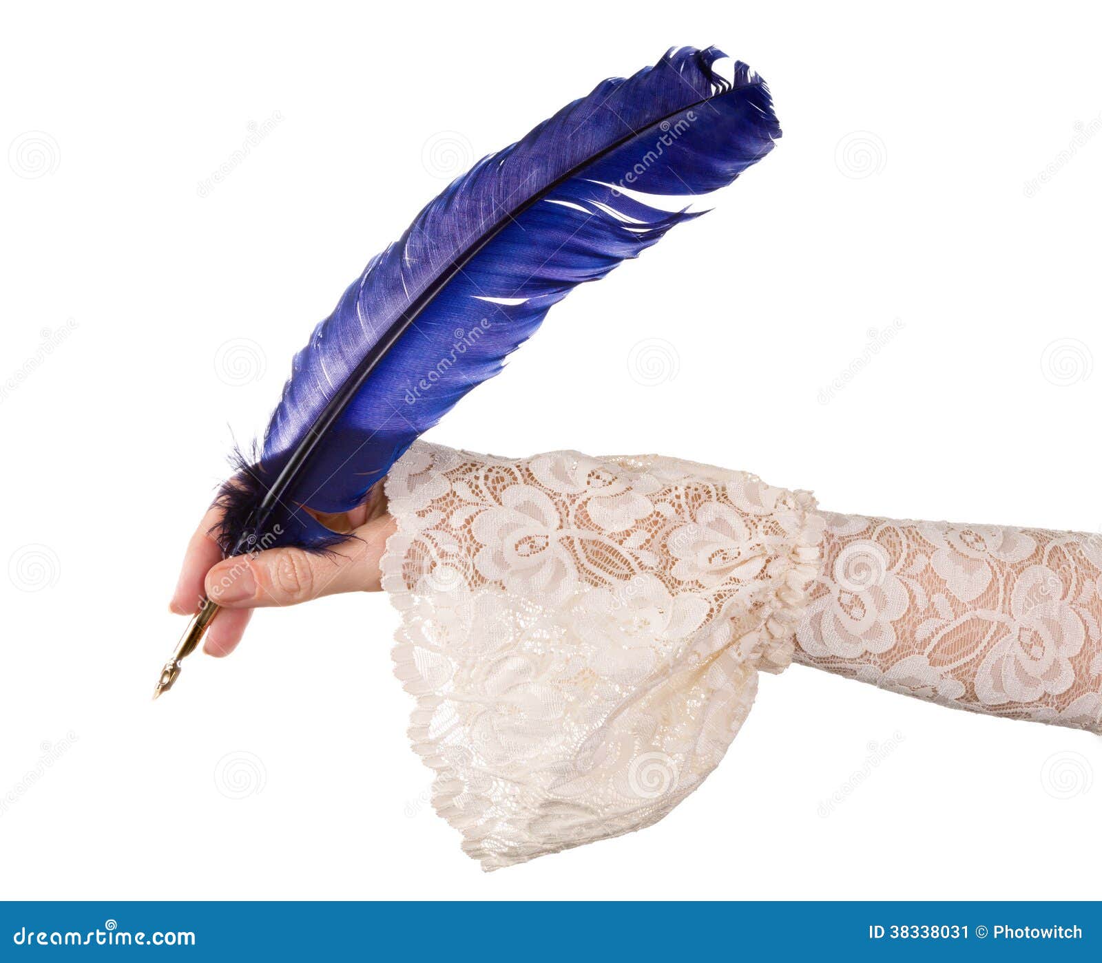 Mano Con La Piuma Di Spoletta Blu Immagine Stock - Immagine di poet