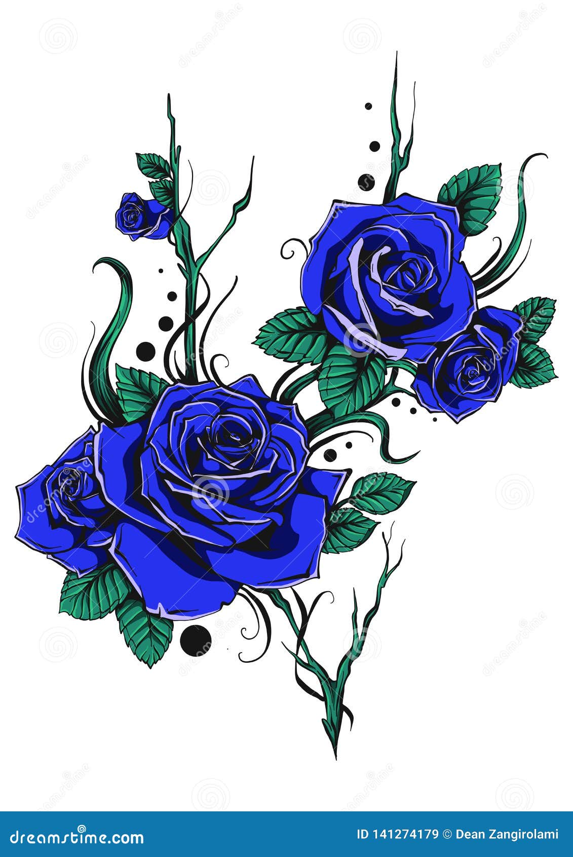 Manojo De Rosas Azules Con Las Hojas Y Las Flores Ilustracion Del