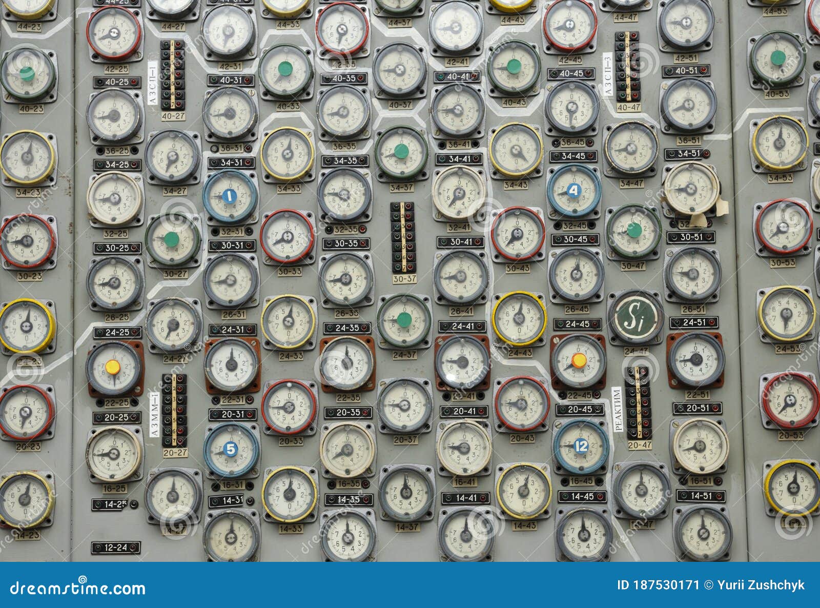 manometers of the cooling system of reactor set on main control board at the control operations room. chernobyl nuclear power