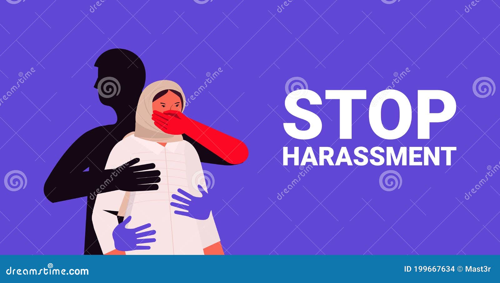 Manos Tocando a La Mujer árabe Con La Boca Cerrada Paran Acoso Y Abuso No Concepto De Violencia Sexual Ilustración del Vector