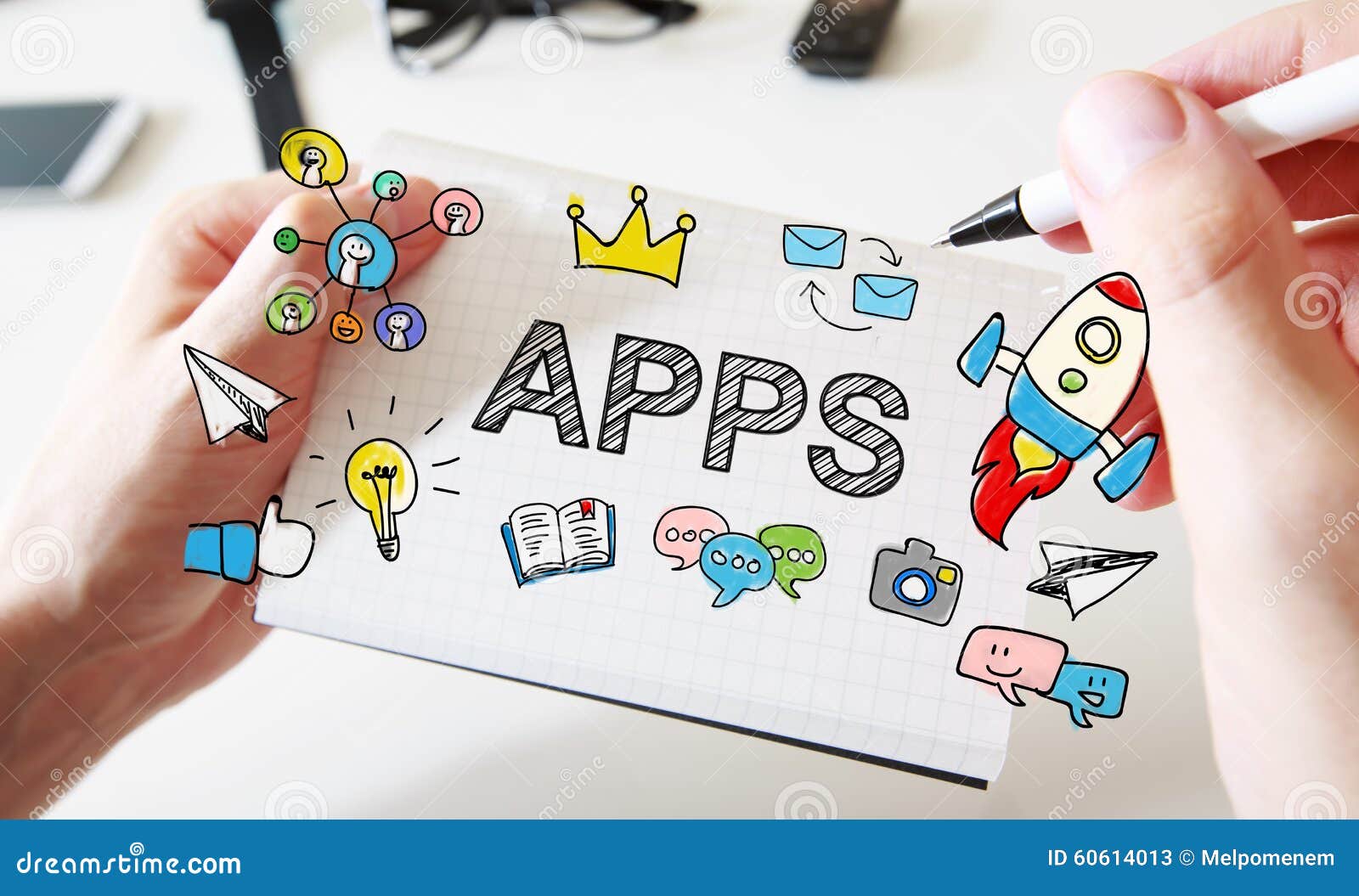 Mans Hand Drawing APPS Concept on Notebook Stock Image Image of