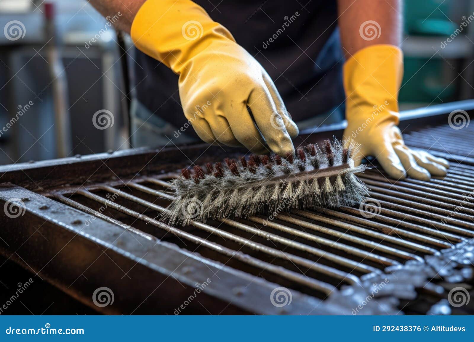 mans hand scrubbing large grill grates with a long-handled brush