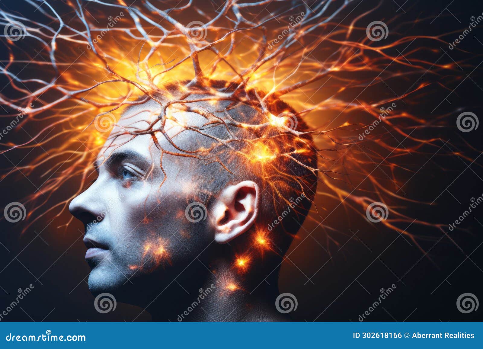 A Mans Head is Covered in Electrical Wires Stock Illustration