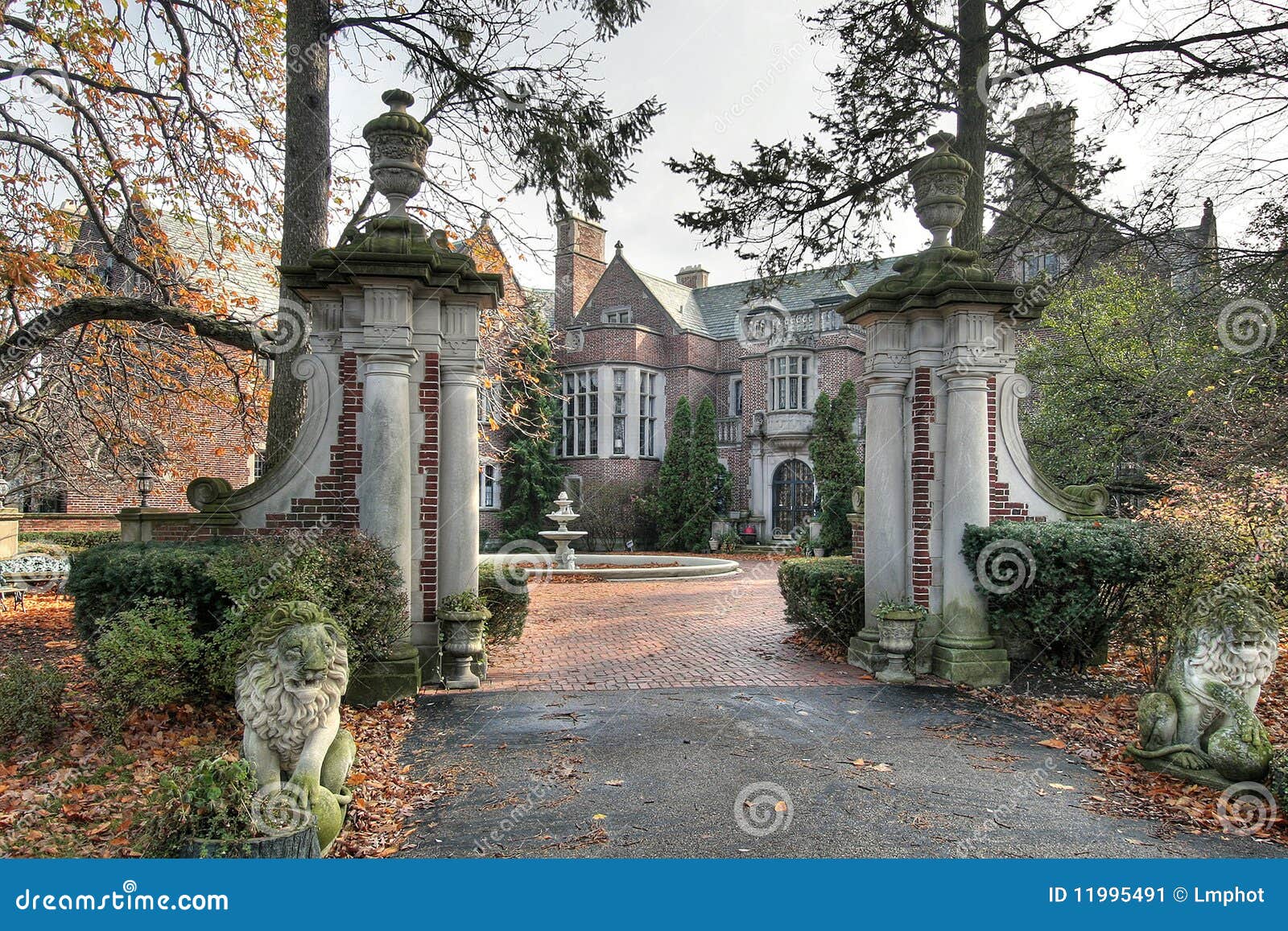 Mansion with Stone Lions and Columns Stock Image Image of estate