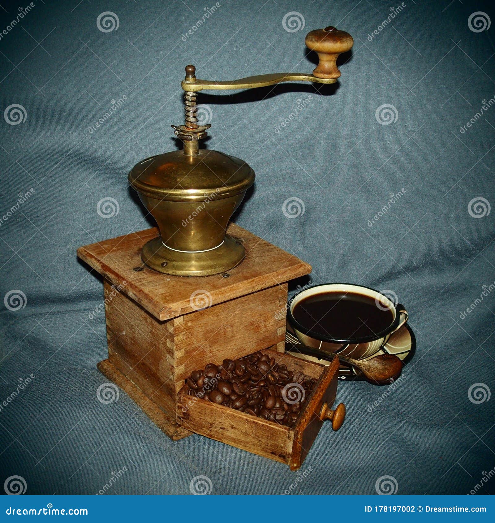 Manual Antique Coffee Grinder with Cup and Coffee Stock Photo Image of cafe, background 178197002