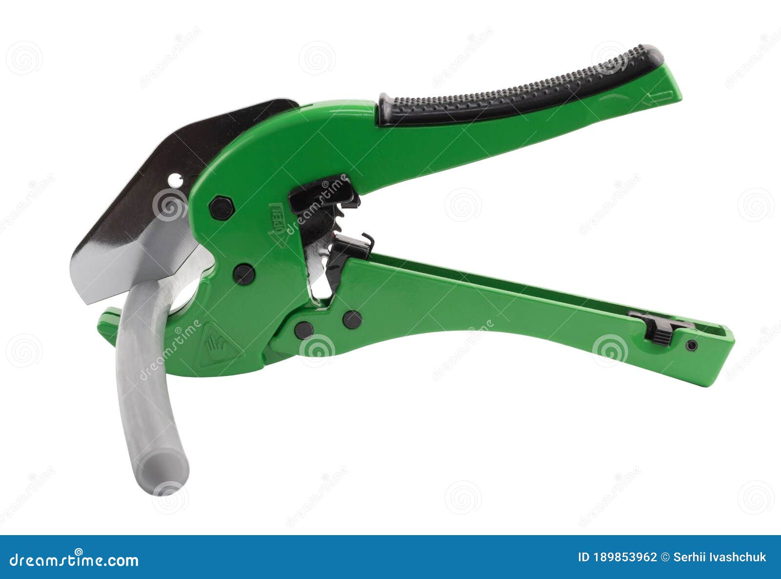Manual Plastic Pipe Shears Cutting a Plastic Pipe. Stock Photo Image