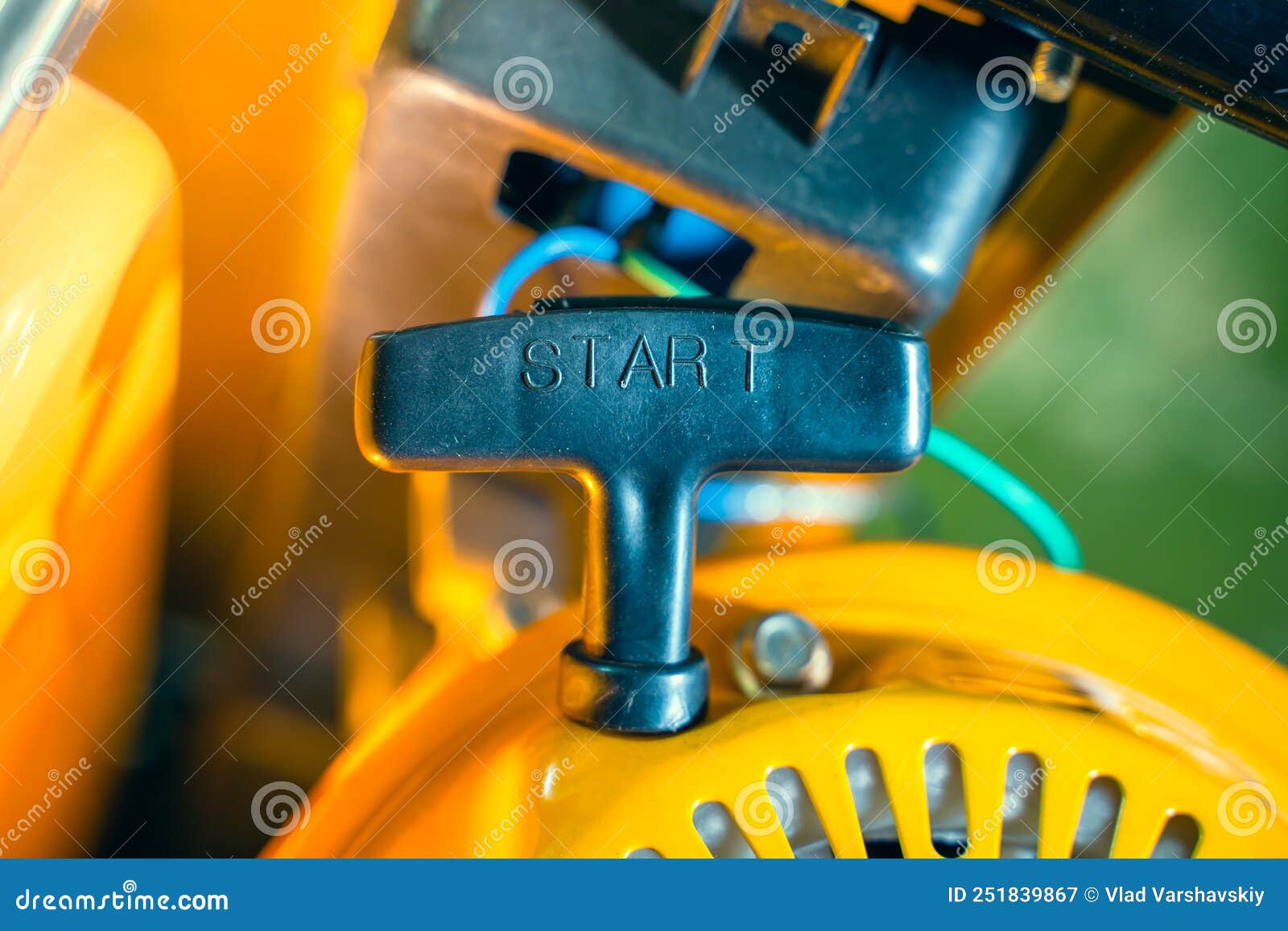 Manual Starter with a Plastic Handle of a Gas Generator Closeup Stock