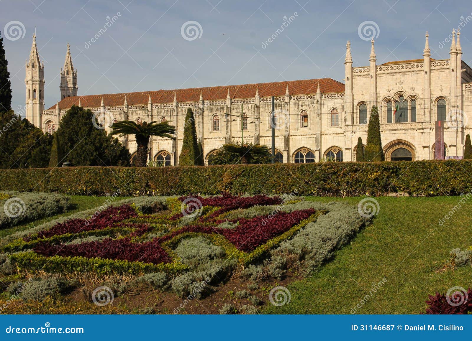 manueline style facade and gardens. monasteiro dos jeronimos. lisbon. portugal