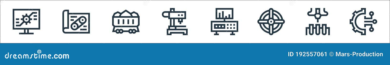 manufacturing line icons. linear set. quality  line set such as settings, manufacturing, valve, control panel, drilling