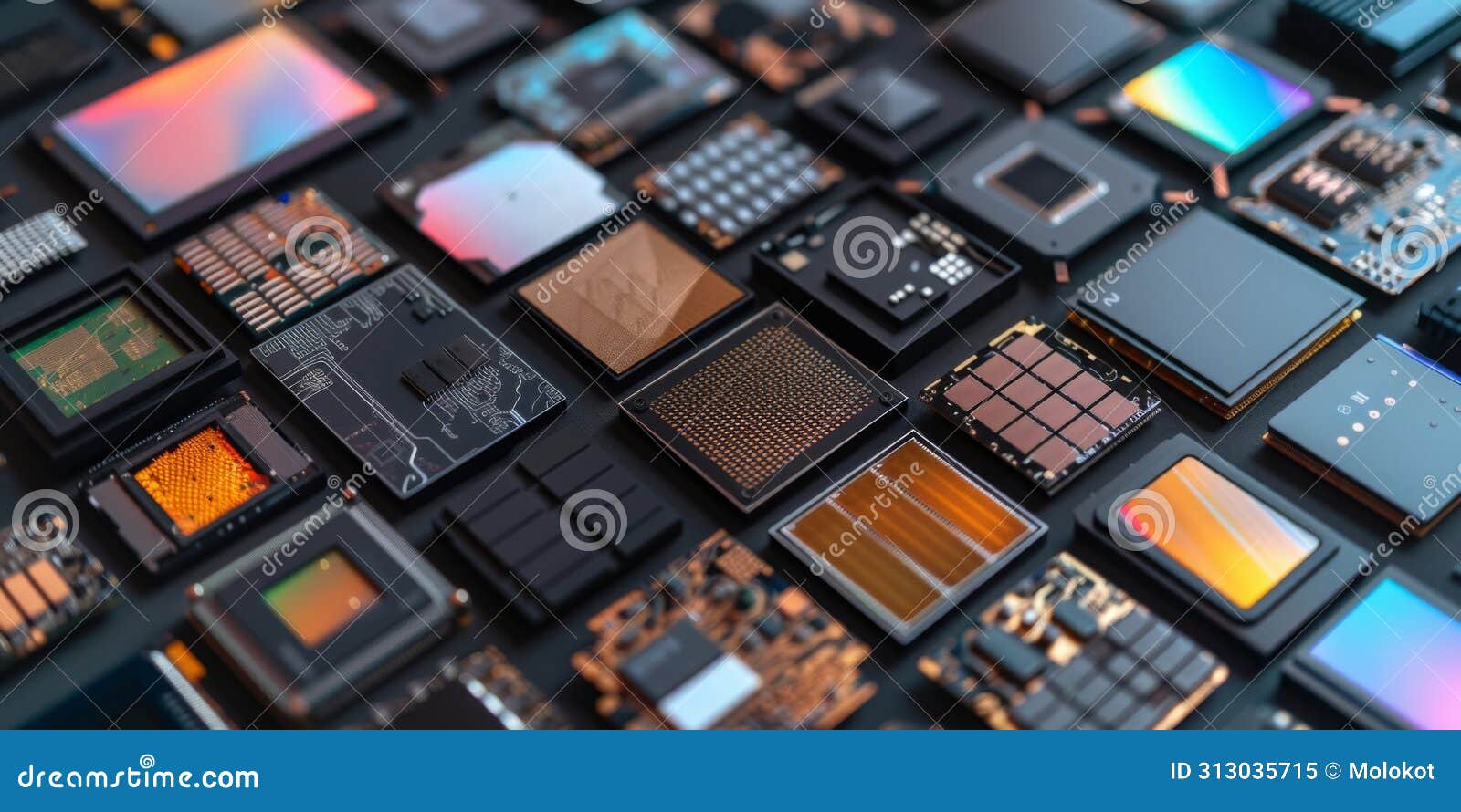 manufacturing of microchips. photo of top view of microchips, microcircuits, electronic devices. contemporary technologies, sci-fi