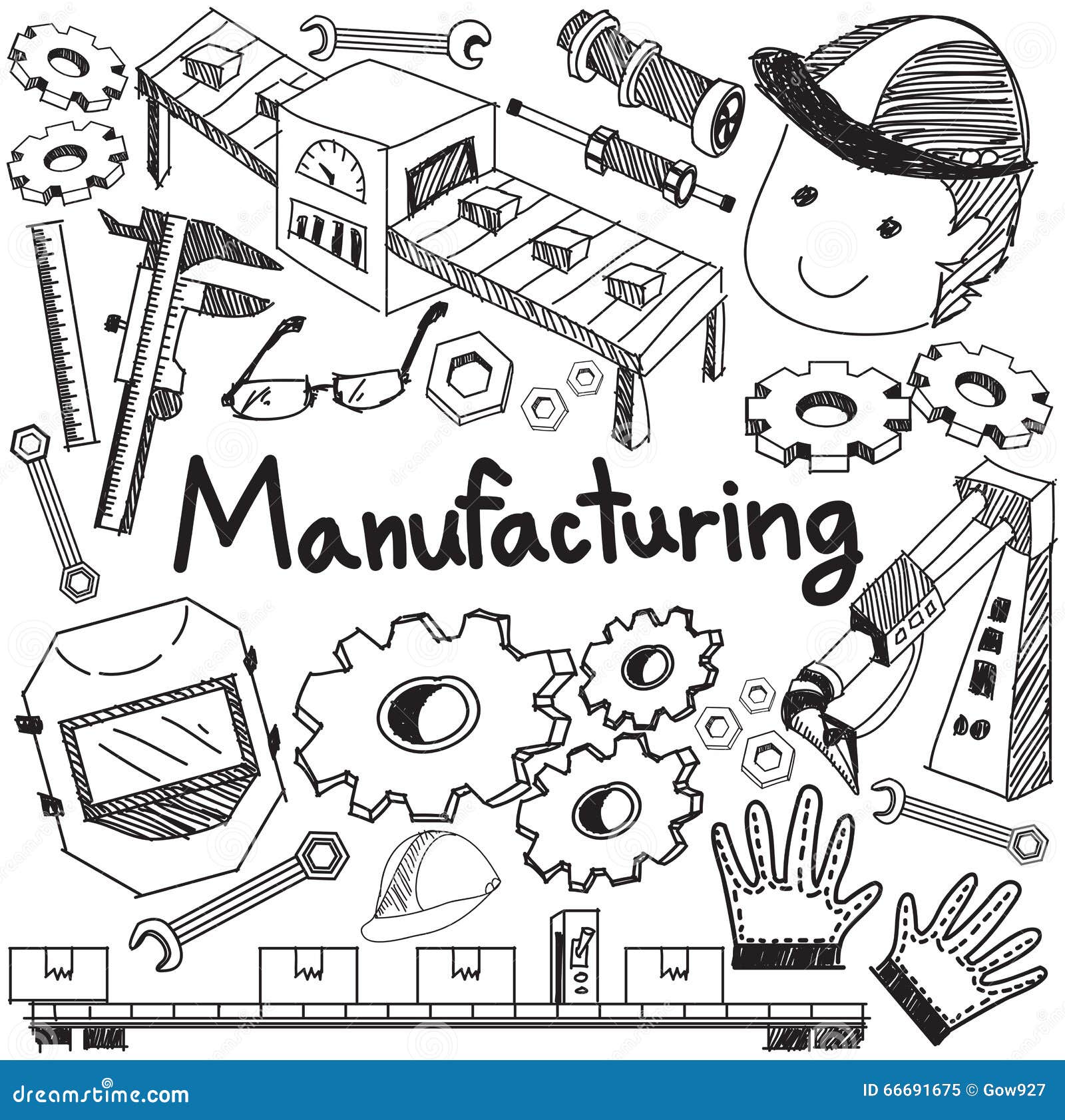 manufacturing and operation system in factory production assembly line handwriting doodle sketch  tools sign and  in