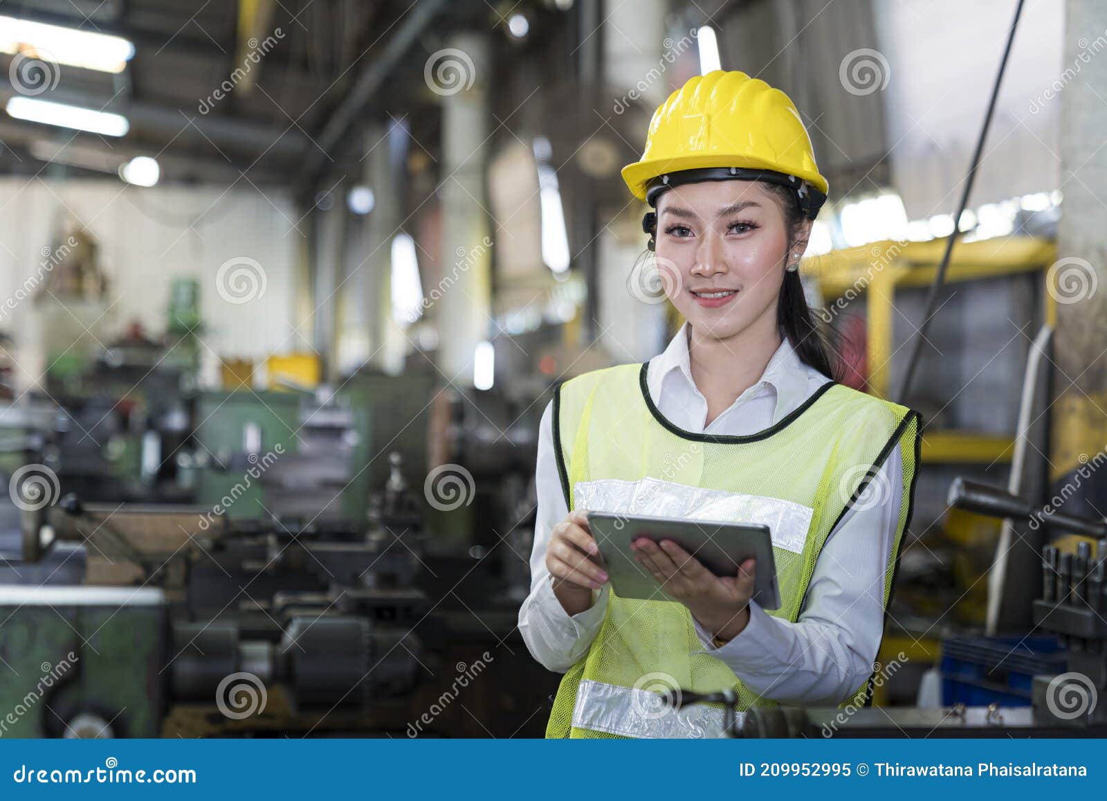 Manufacturing Worker Using Computer Tablet at Work. Asian Worker