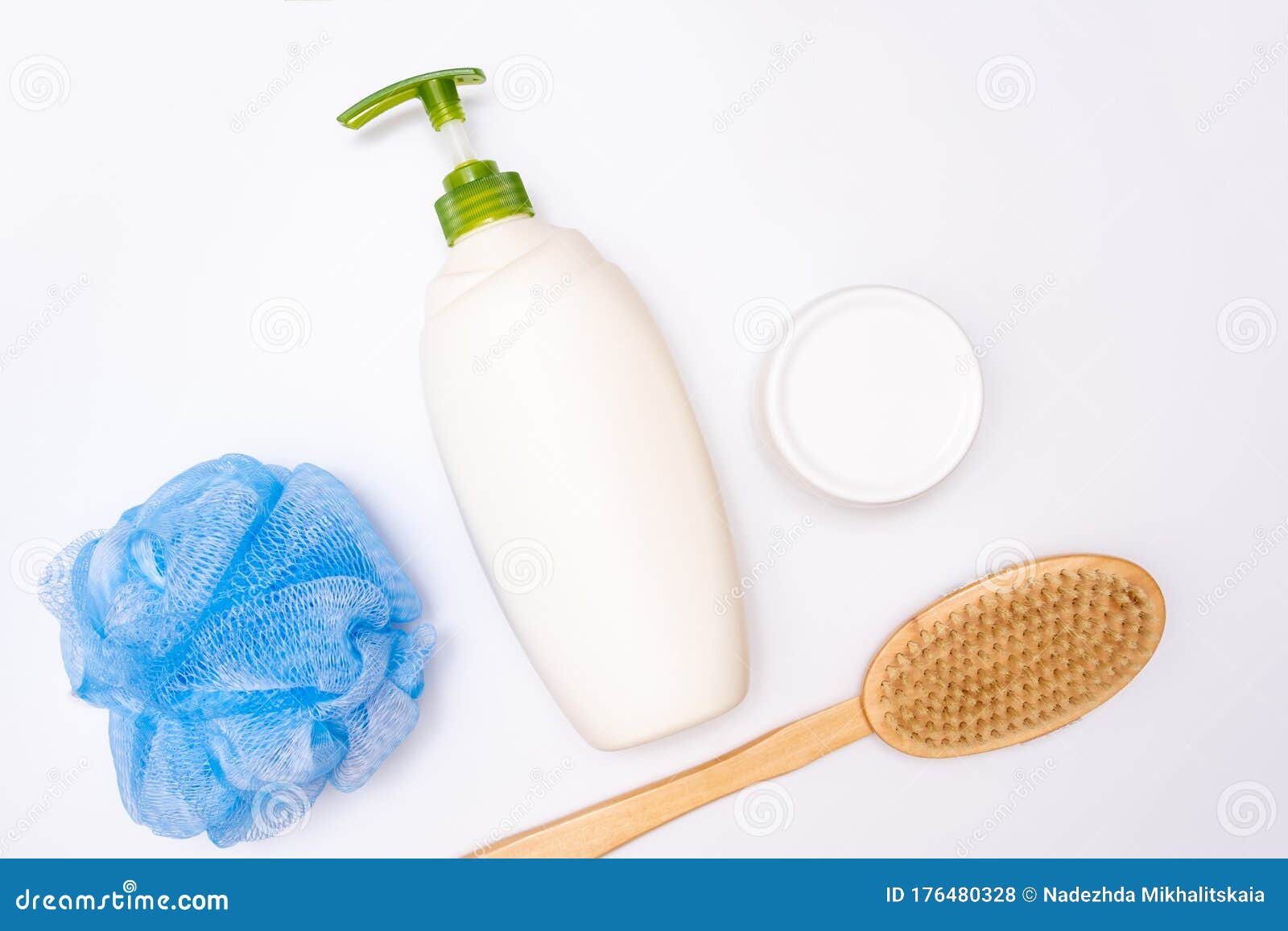 Many Bath Shower Accessories On White Background Shower Gel Body Wash In Plastic Bottles Wooden Brush Skin Cream And A Sponge Stock Photo Image Of Cosmetic Clearing 176480328