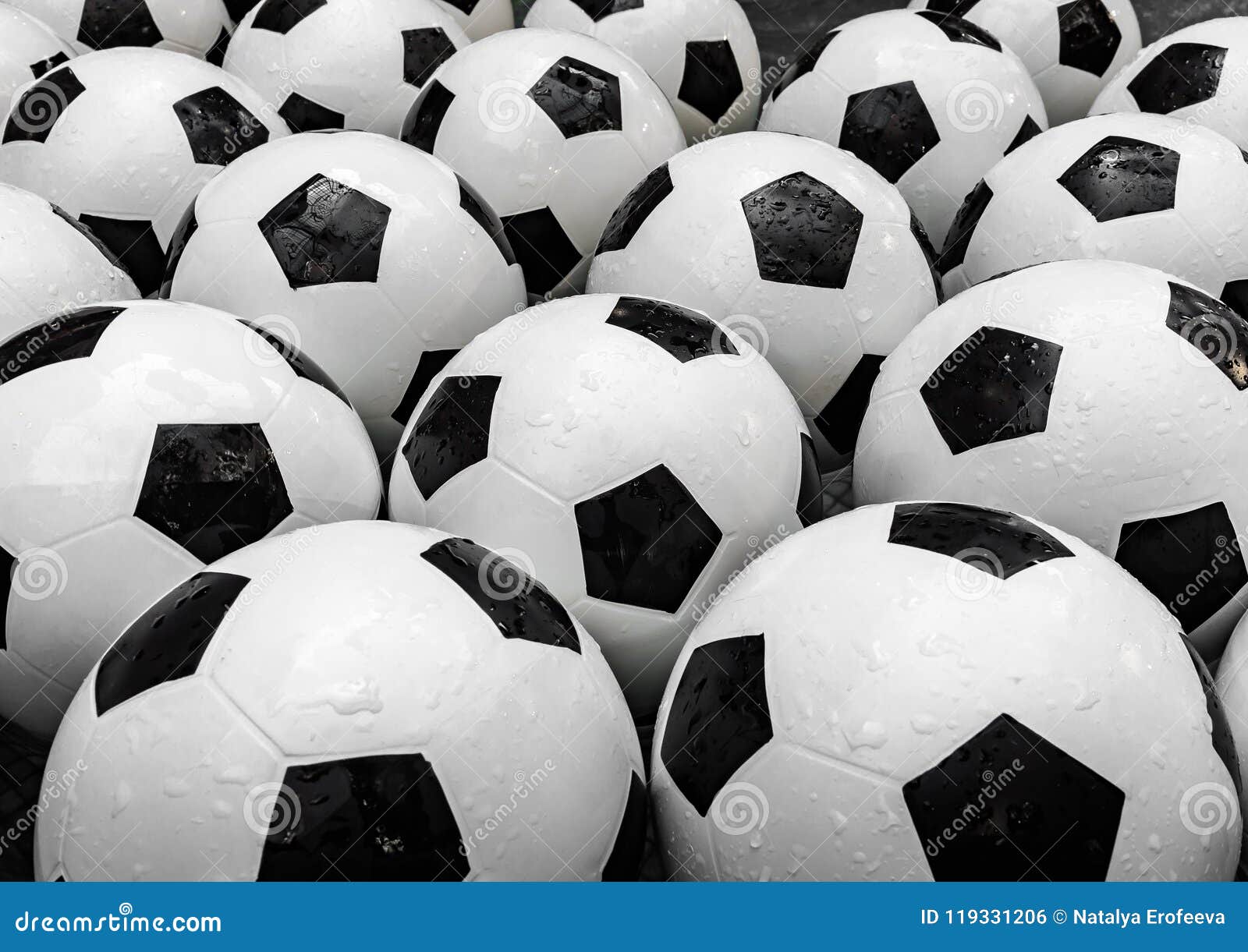 Many Black and White Soccer Balls Background. Football Balls in a Water ...