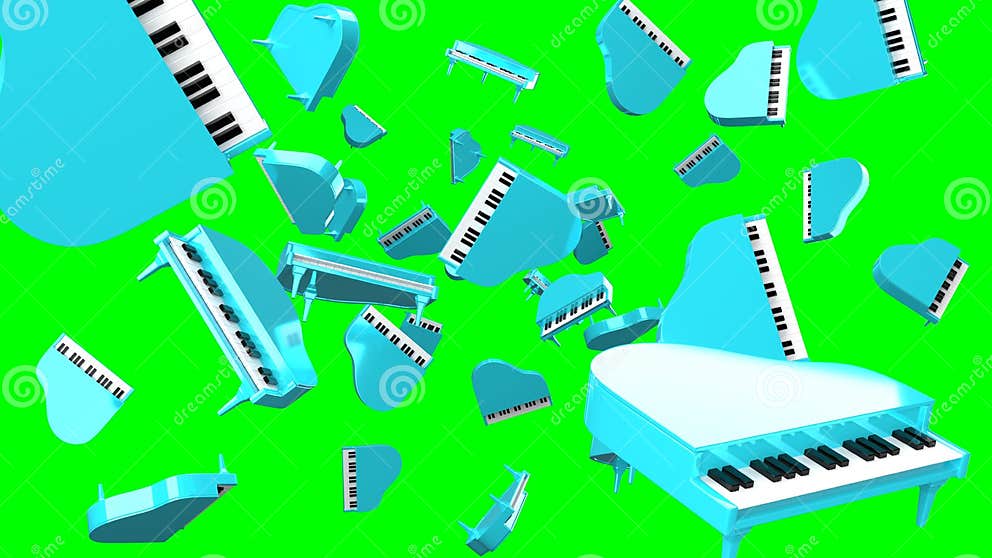Many Blue Pianos on Green Chroma Key Background. Stock Illustration