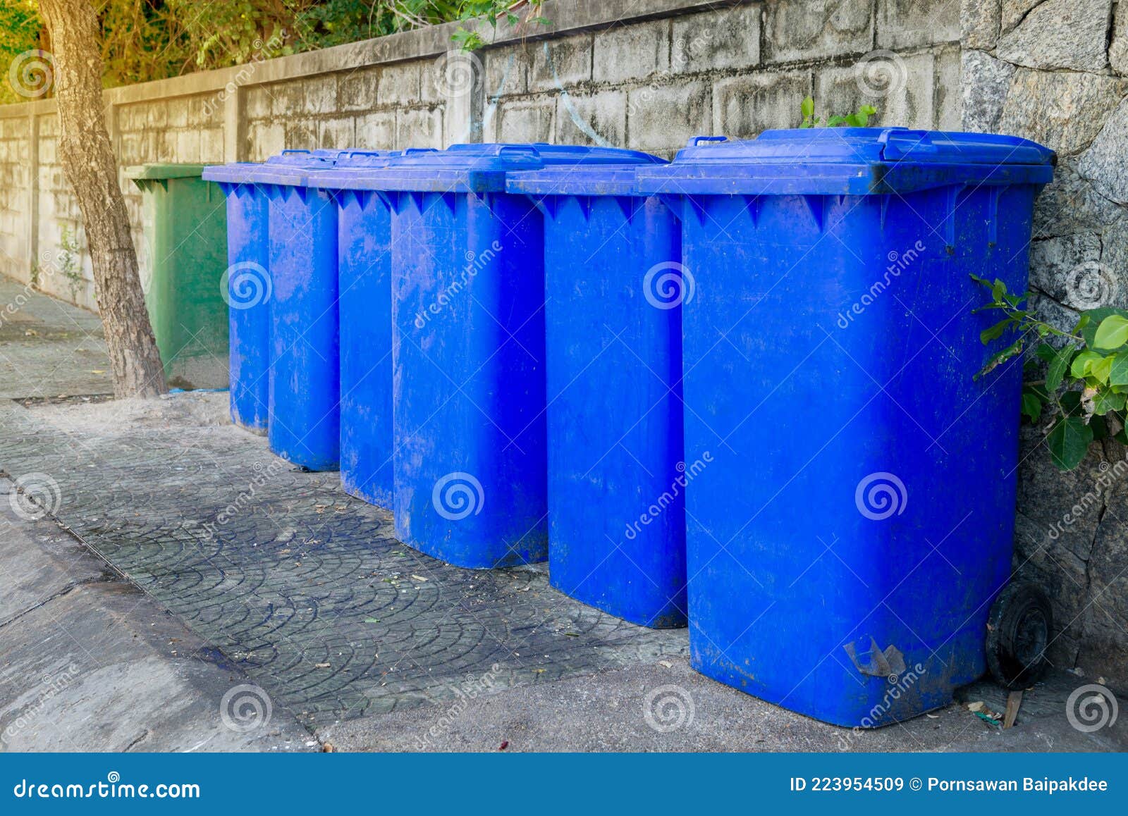 Many blue Trash cans stock image. Image of trash, cans 223954509