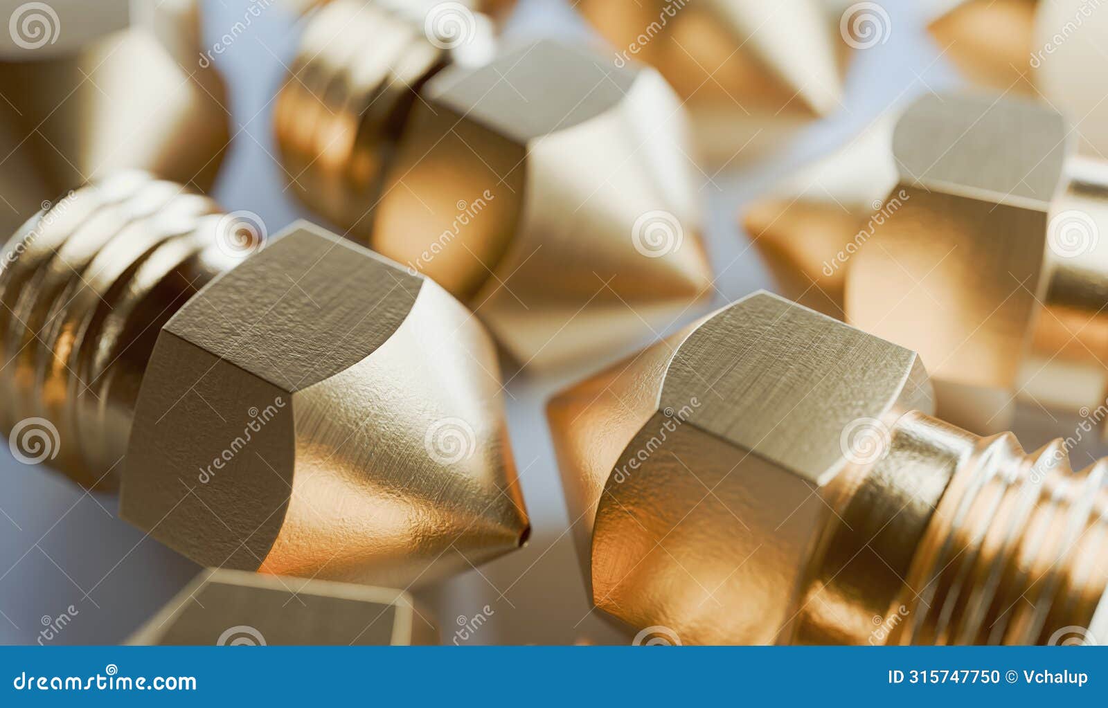 many brass nozzles for 3d printer with different sizes. 3d rendered 