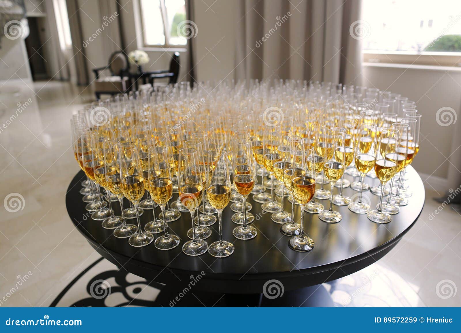 Many Champagne Glasses in Row at Wedding Reception Stock Image Image