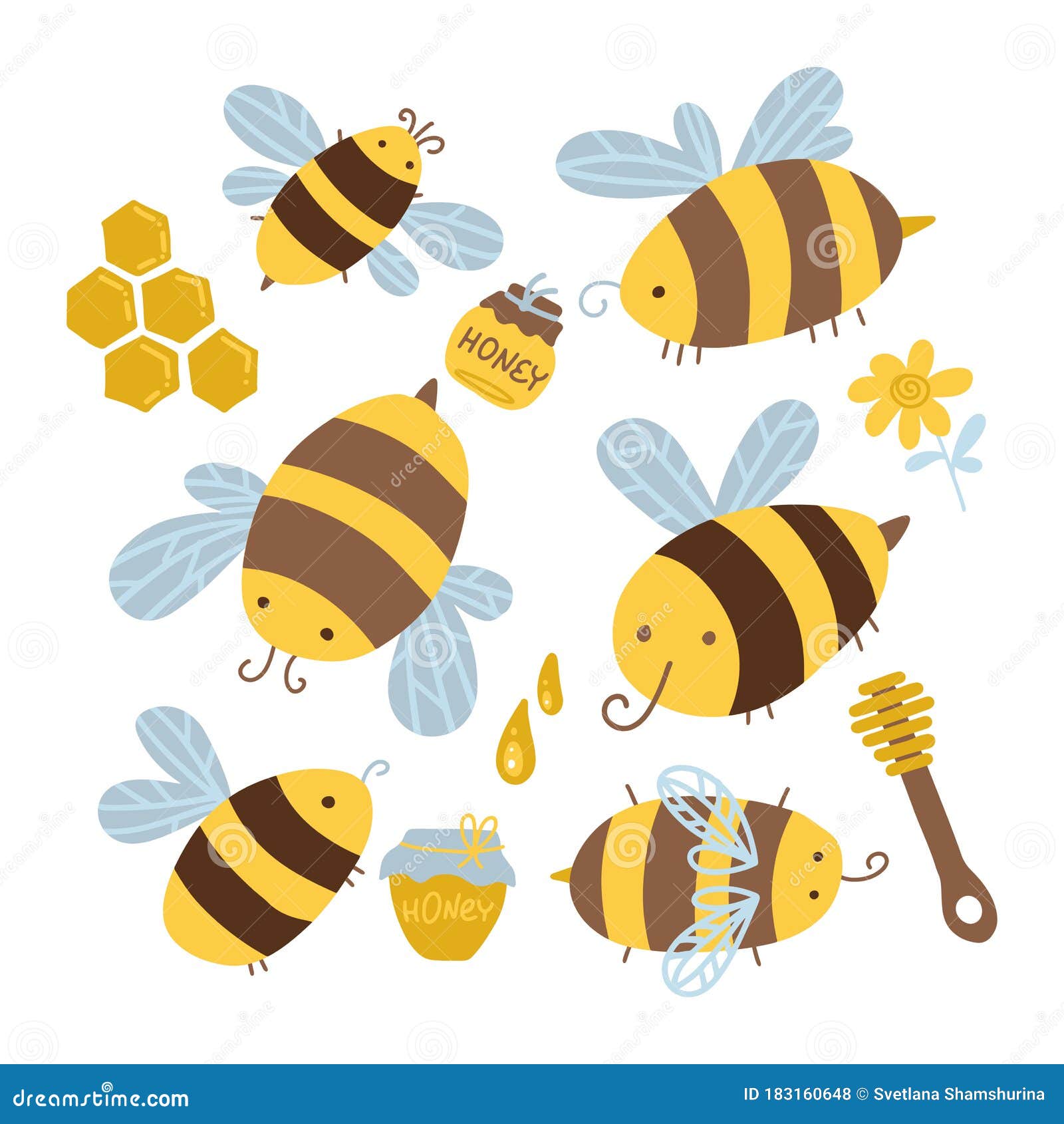 Many Characters Of Cute Yellow And Black Bees Set If Honeybee