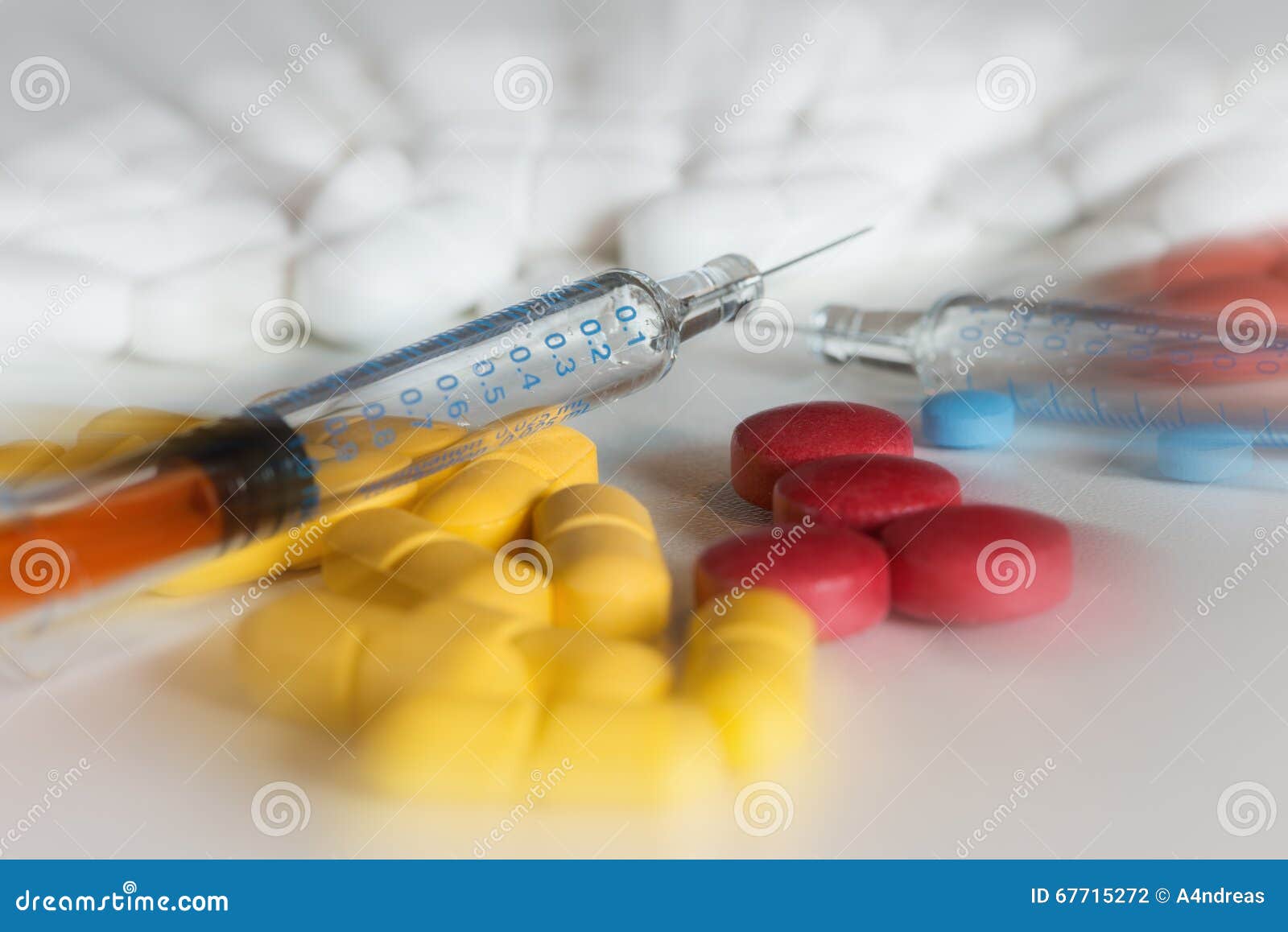 Many Colored Drug Pills with Injection Pins Stock Photo Image of